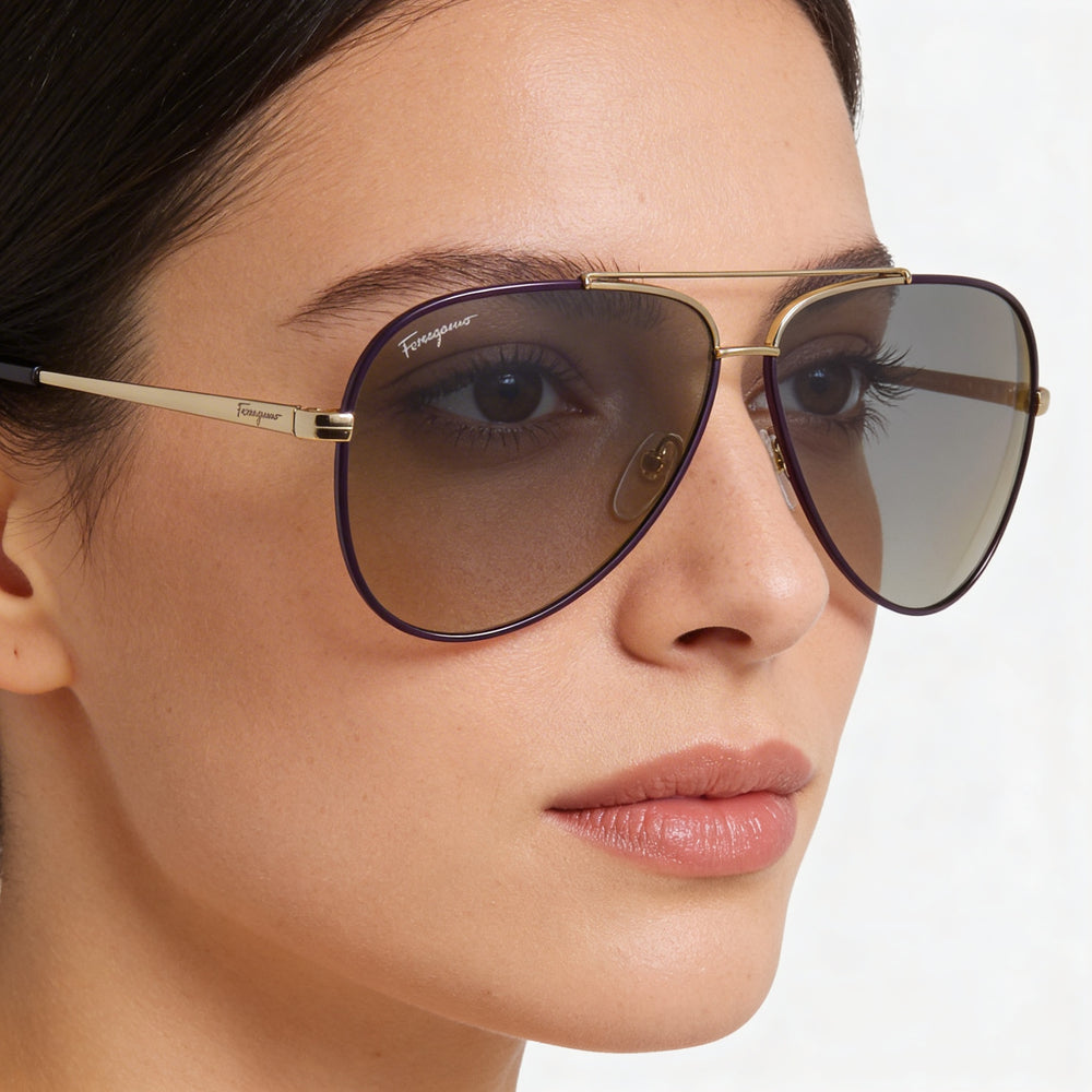 Gafas de sol Ferragamo Aviator para mujer, de metal, dorado claro, esmaltado morado, lentes de espejo morado, 60 mm, protección UV