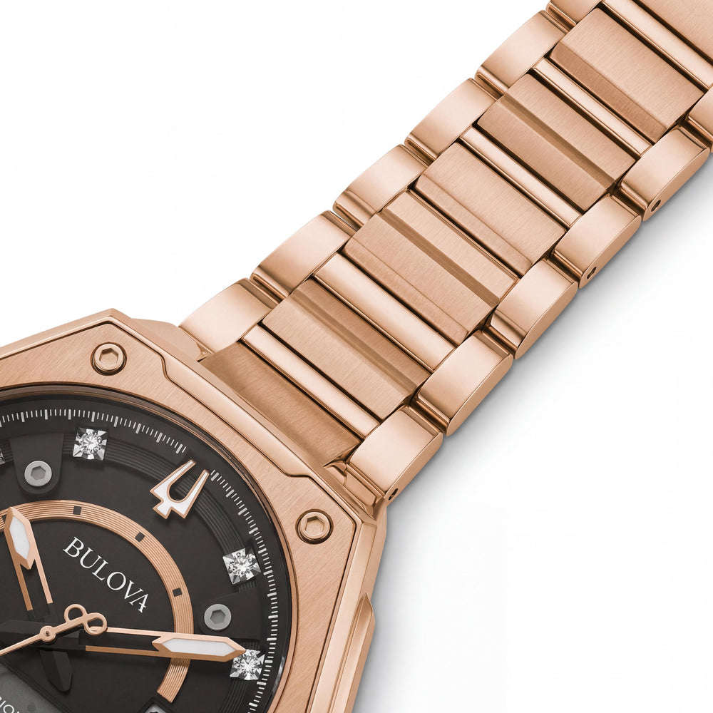 Reloj Bulova para hombre de la serie X de cuarzo, brazalete de acero inoxidable en tono oro rosa, diamantes luminosos y esfera negra de 47 mm