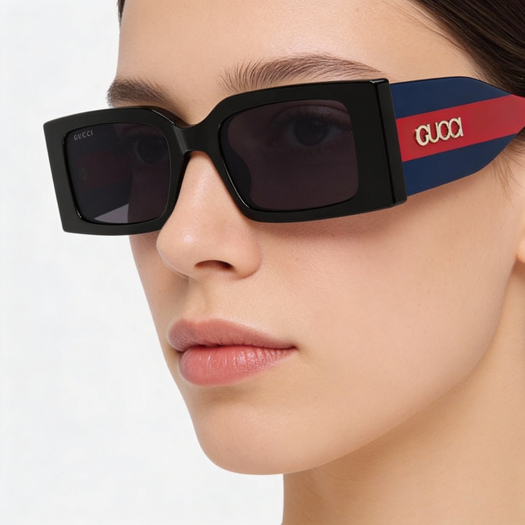 Gucci Modern Women's Rectangular Sunglasses Black, Blue & Red Plastic Frame Violet Lens 52mm, Photo 4