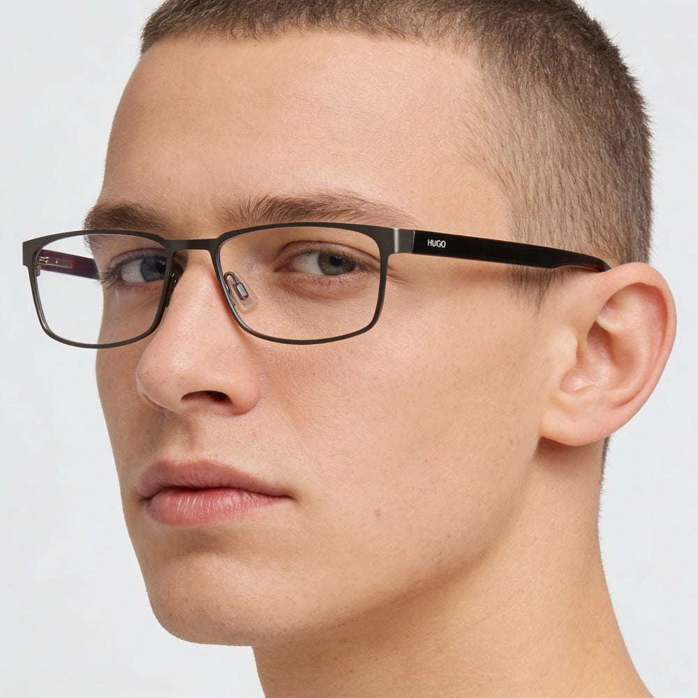 HUGO Unisex Rectangular Eyeglasses Matte Dark Ruthenium Stainless Steel 56-18-145