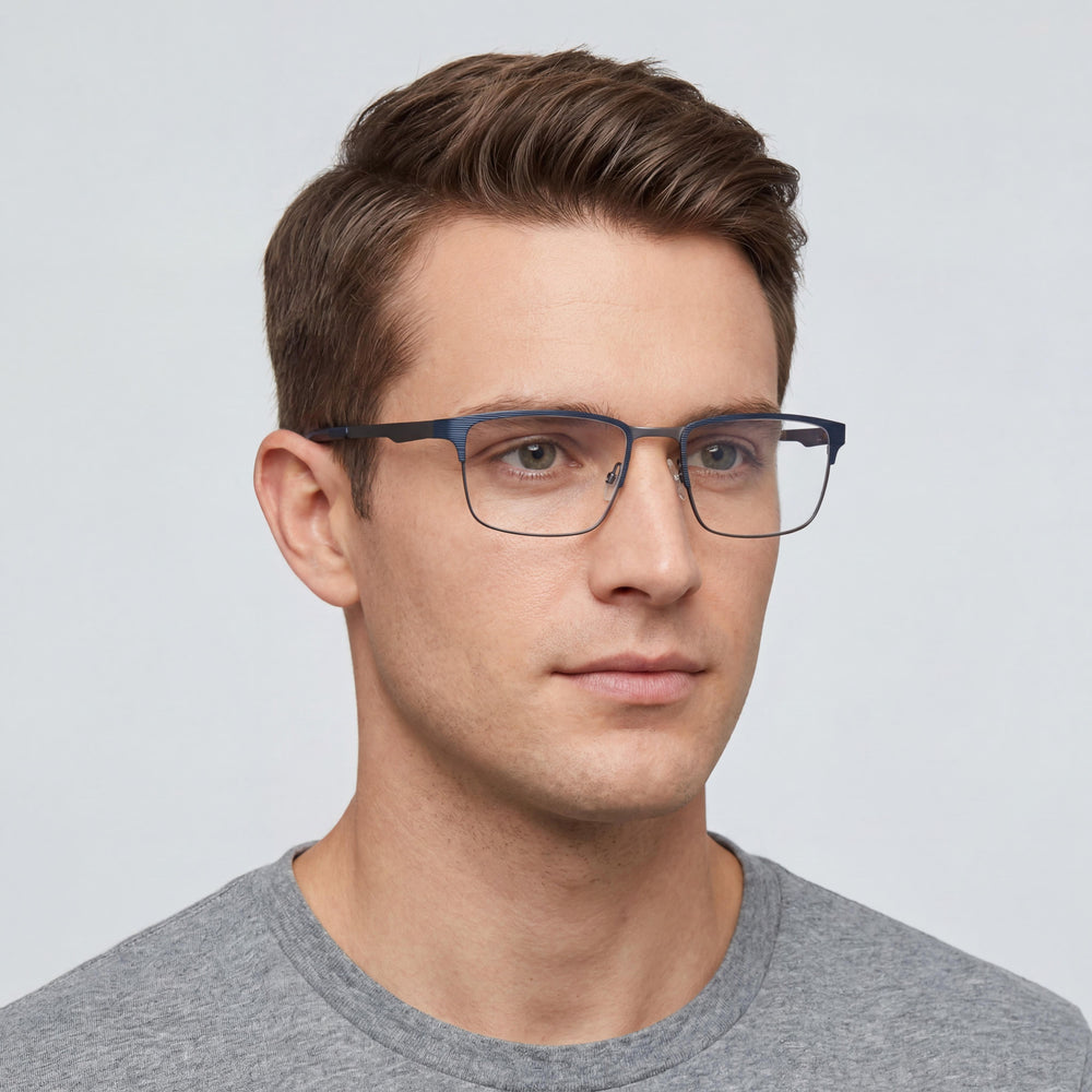Gafas ópticas clásicas Chesterfield para hombre con montura de metal azul grisáceo y lentes de policarbonato (56-19-150)