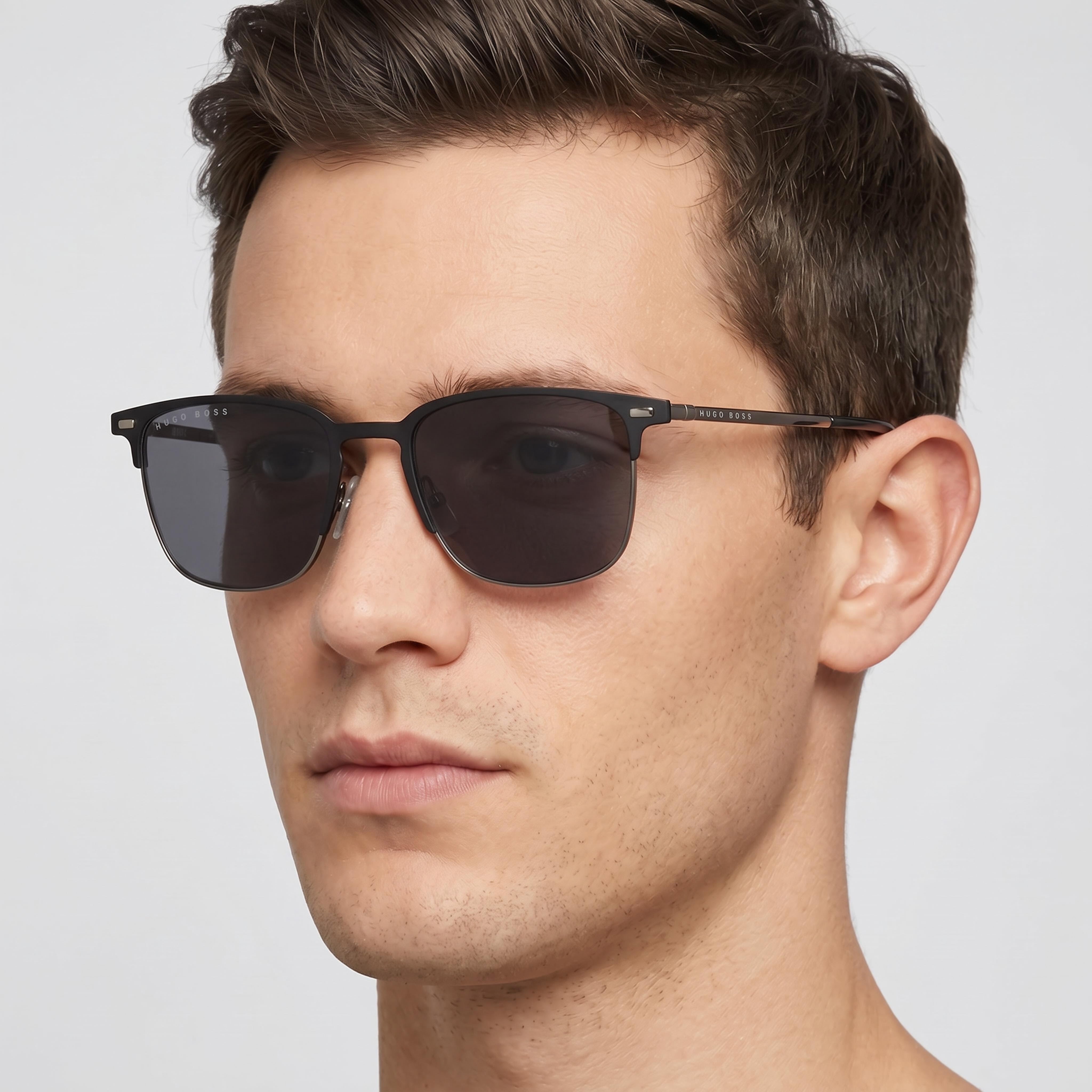 Gafas de sol rectangulares de aleación de acero para hombre BOSS, montura negra mate, lentes gris azulado, protección UV 54-19-140, Photo 5