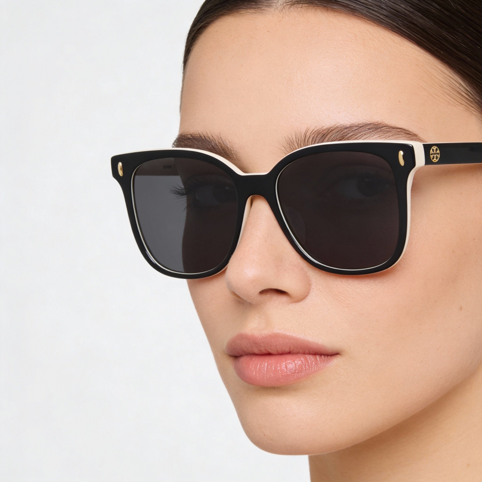 Tory Burch Classic TY7203U Women's Plastic Frame Sunglasses with UV Protection in Black, Ivory & Dark Grey, Gray Lenses, 53mm, Photo 3