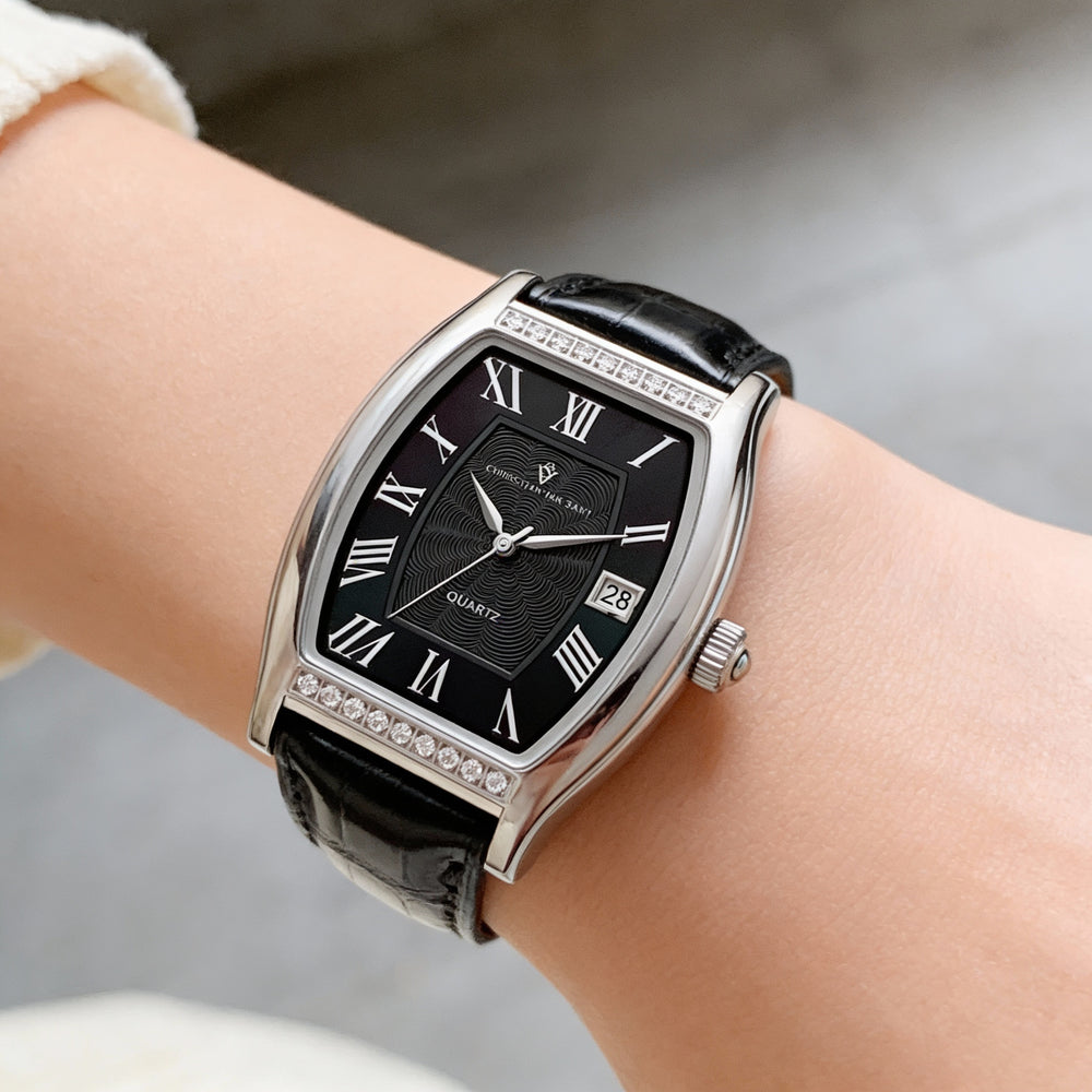 Christian Van Sant Modern Women's Black Stainless Steel Leather Quartz Water Resistant Watch with Scratch Resistant Mineral
