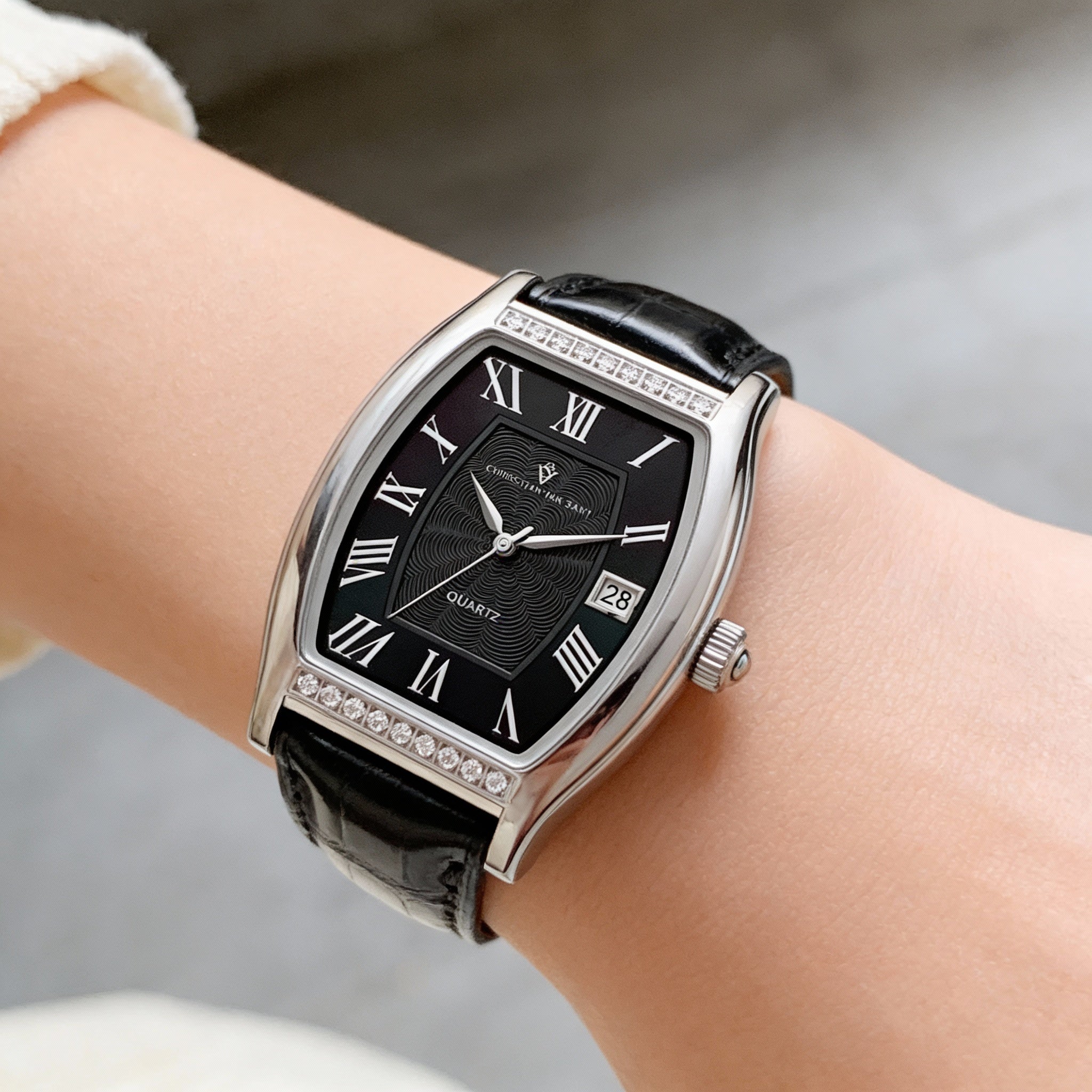 Christian Van Sant Modern Women's Black Stainless Steel Leather Quartz Water Resistant Watch with Scratch Resistant Mineral, Photo 3