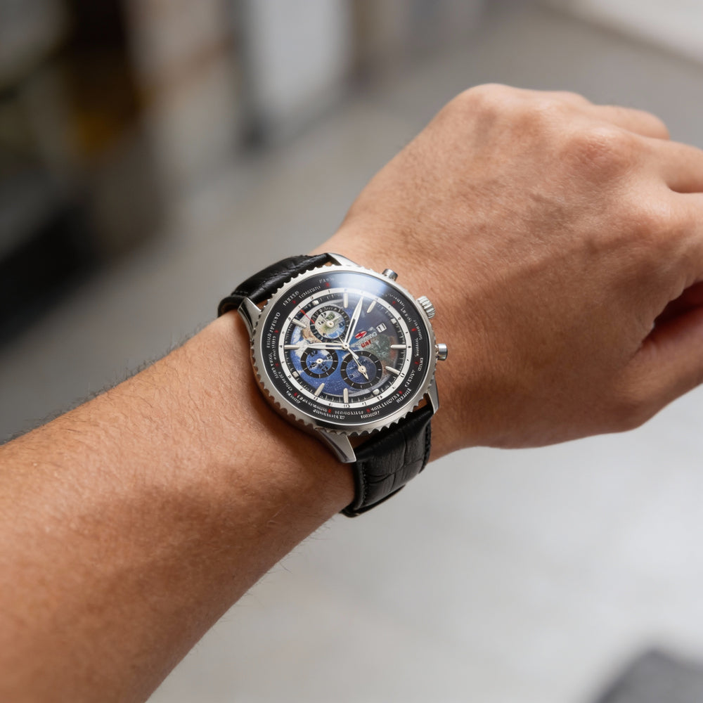 Reloj de cuarzo Seapro Meridian World Timer GMT, esfera azul, caja de acero inoxidable, correa de piel, para hombre