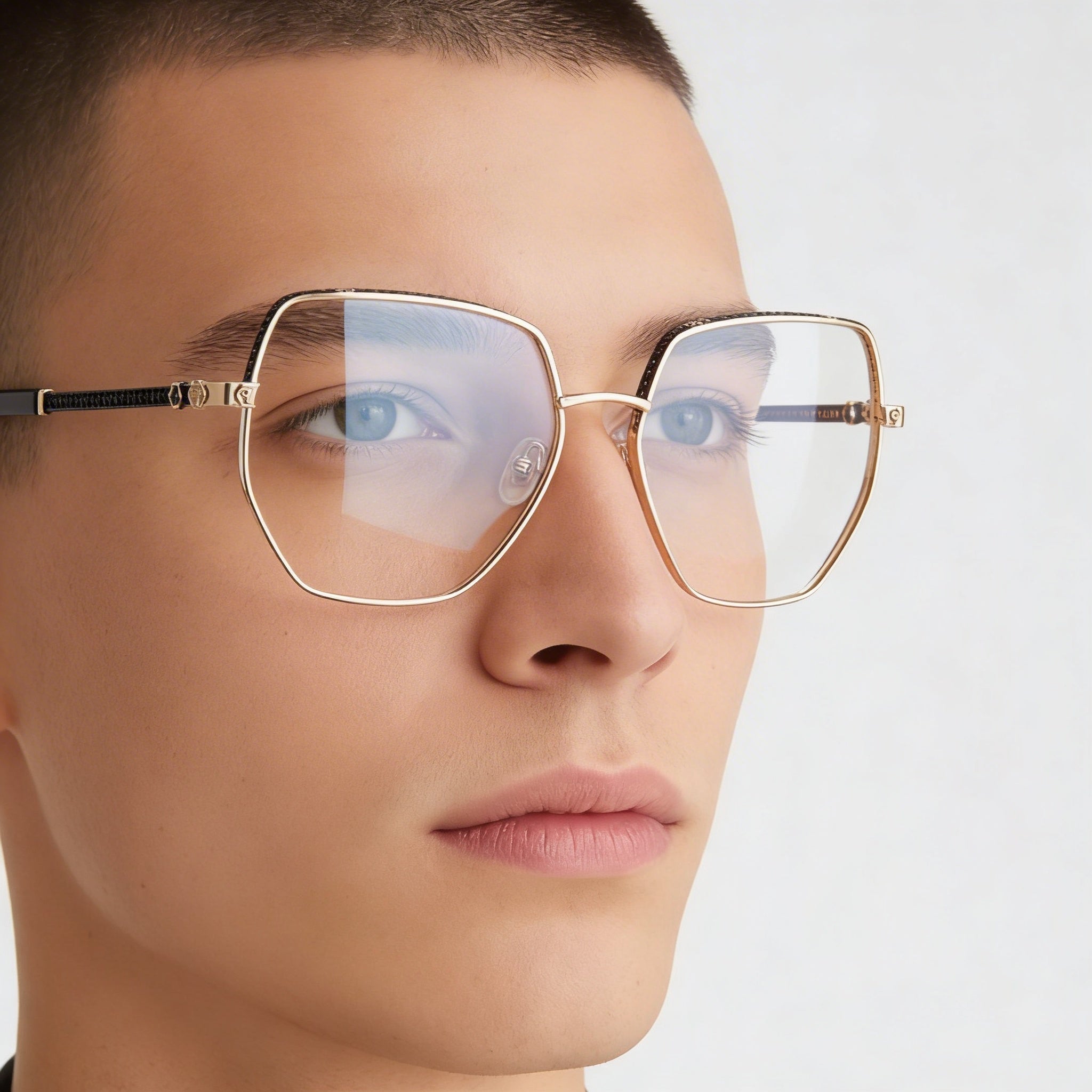Gafas Philipp Plein Vpp054s para hombre con montura completa irregular, montura de metal y lentes de acetato, color oro rosa y negro, 57 mm, Photo 5