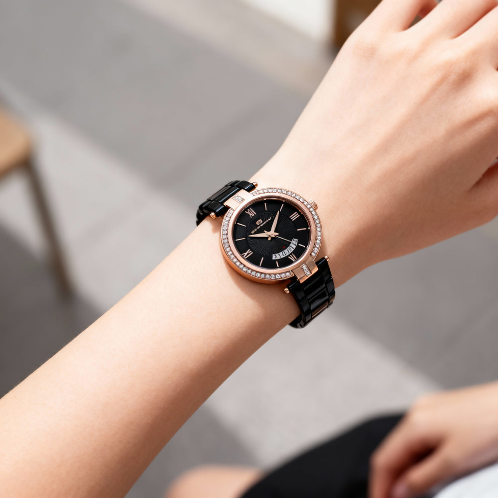 Reloj de cuarzo Oceanaut para mujer, pulsera de acero inoxidable negra, esfera negra, resistente al agua hasta 200 m, cristal mineral.