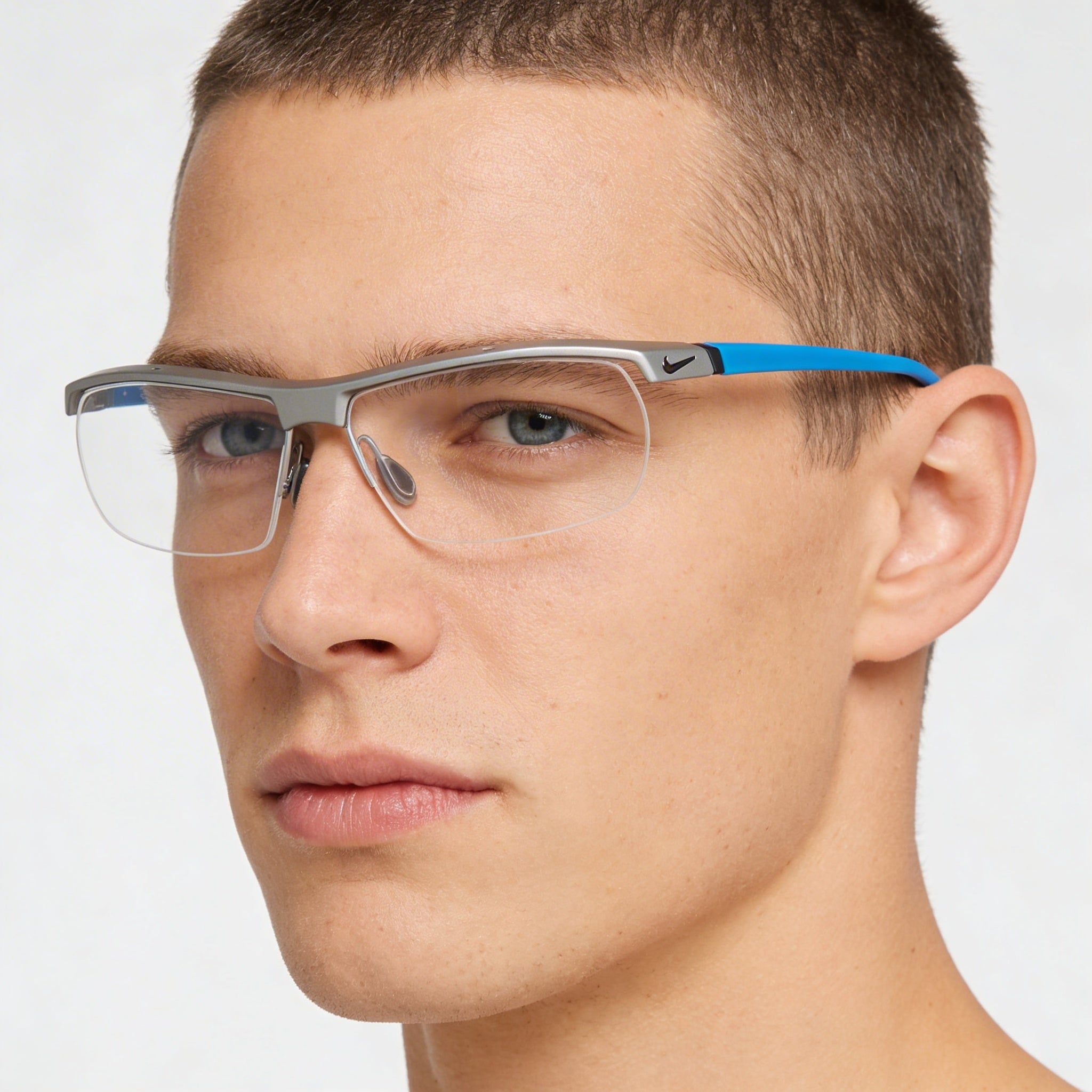 Nike 7071/2 Men's Matte Silver, Light Blue Plastic Frame non- Eyeglasses with Clear Demo Lenses 57mm, Photo 5