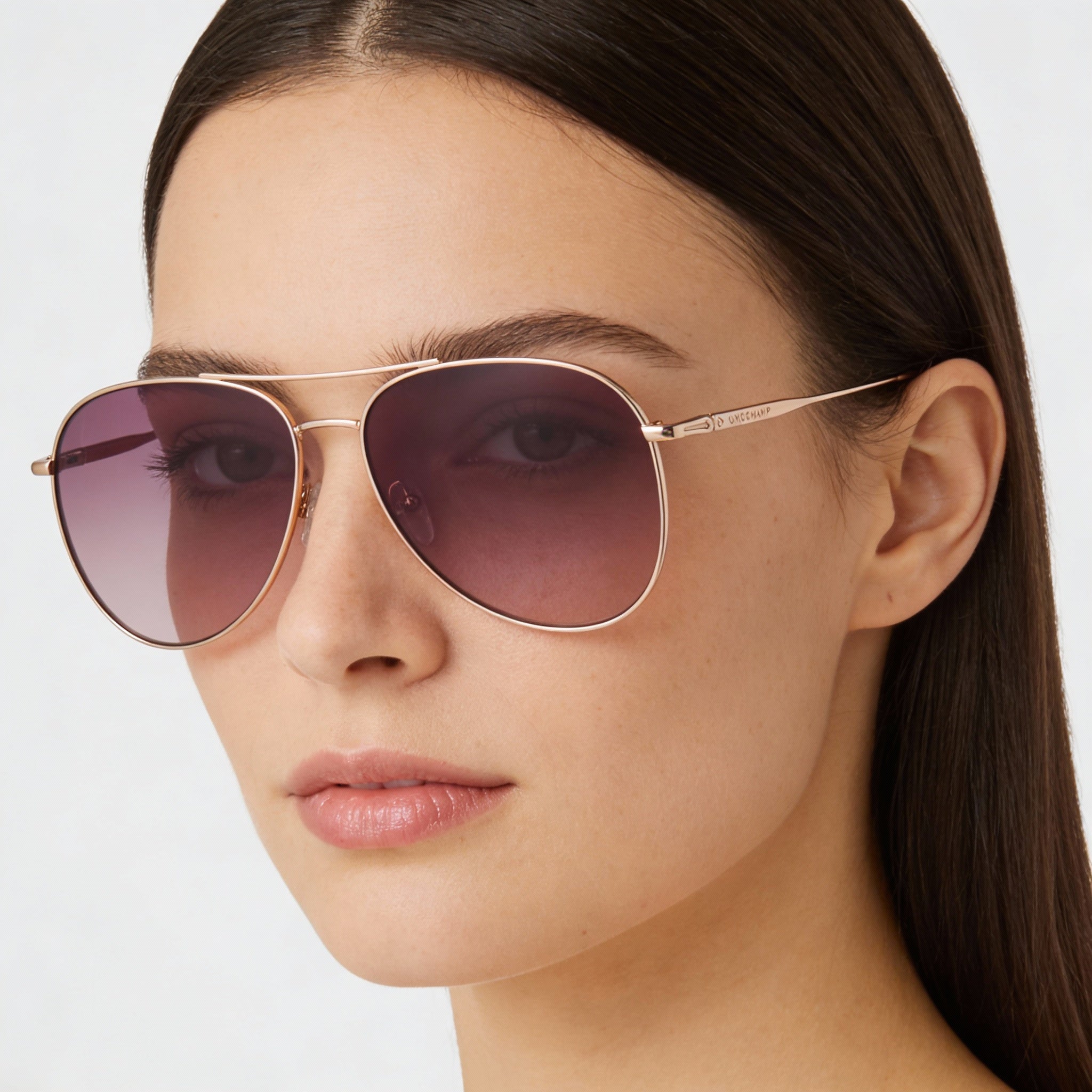 Gafas de sol de piloto modernas LONGCHAMP para mujer, montura de metal dorado rosa, lentes de plástico rosa degradado, 59 mm, Photo 4