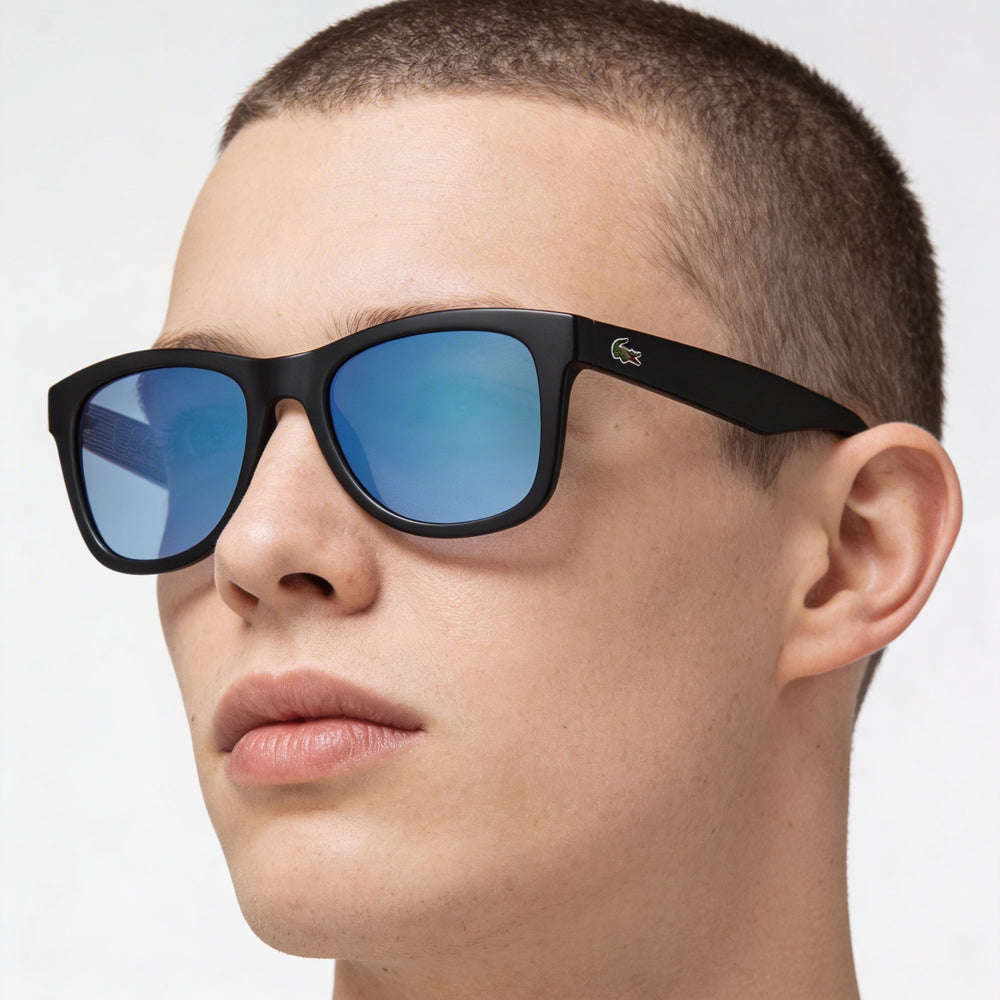 Lacoste Classic Unisex Matte Blue Plastic Frame Sunglasses with Mirrored Lenses and UV Protection, Lens Width 53mm
