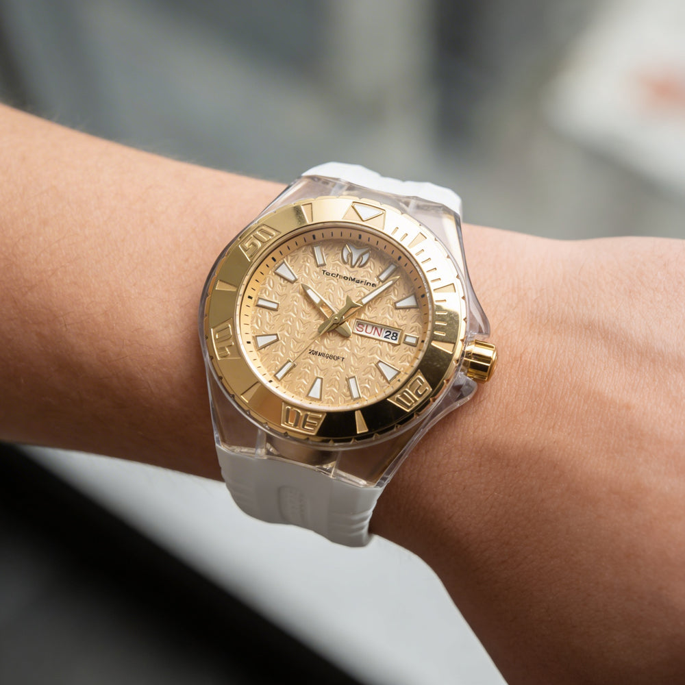 Technomarine Cruise TM-122014 Reloj unisex de cuarzo de acero inoxidable con esfera dorada y correa de silicona de 48 mm