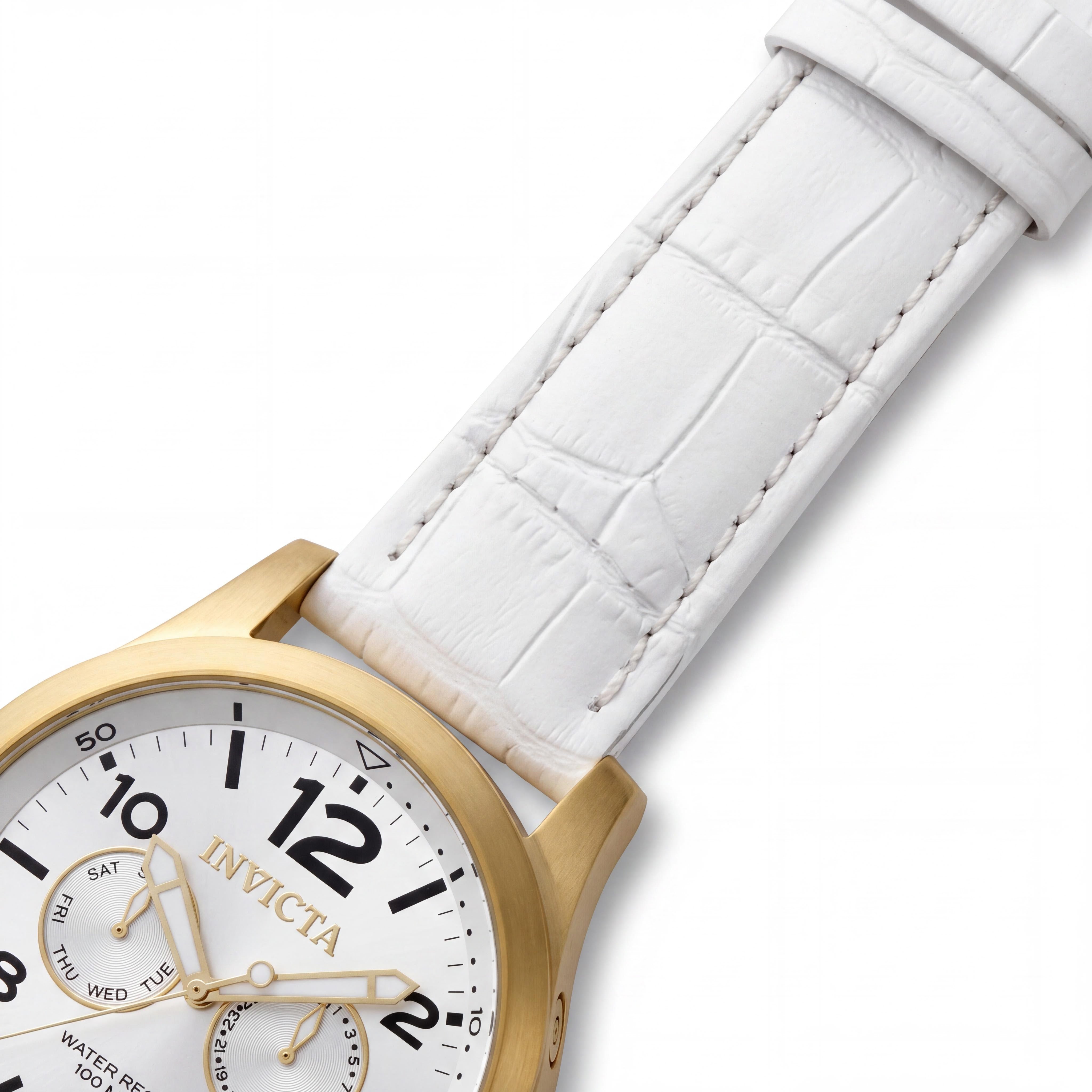 Invicta Casual Men's Silver Quartz, Water Resistant, Gold-Tone Stainless Steel & White Leather Strap Watch, Photo 2