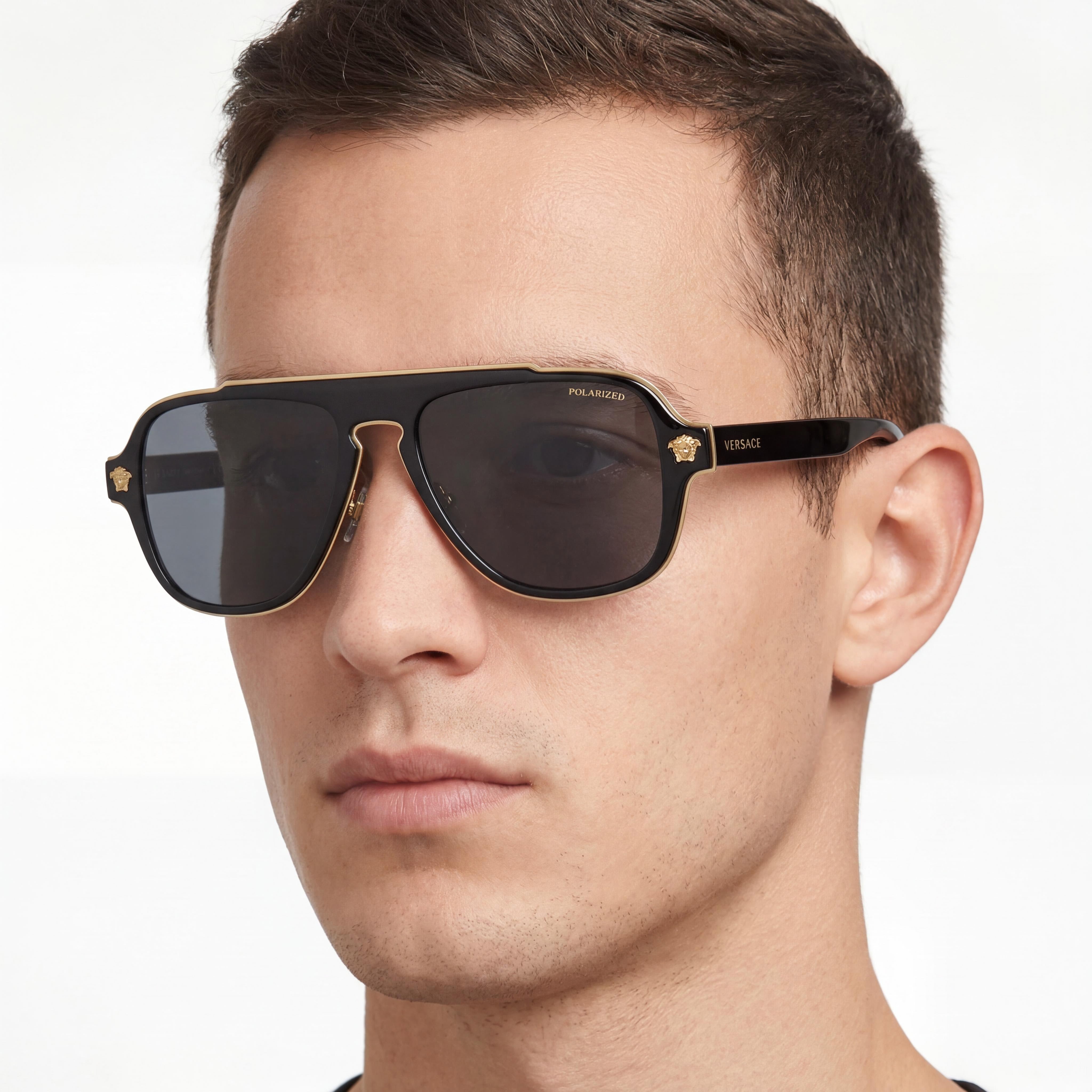 Versace VE2199 Square Unisex UV Protected Metal Sunglasses, Matte Black Light Grey Frame, Light Grey Mirrored Silver Lenses 56mm, Photo 4