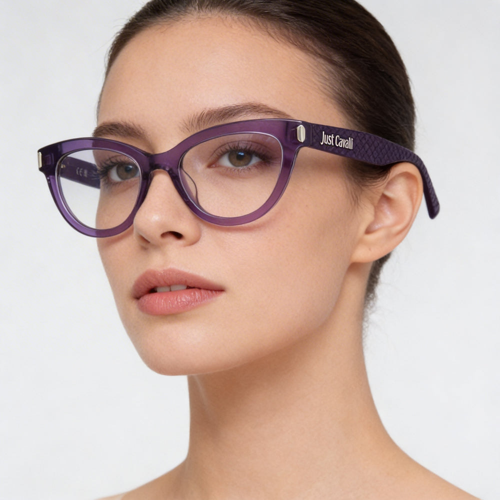 Montura de acetato para mujer Just Cavalli Vjc004v en violeta transparente, lentes de 51 mm, puente de 20 mm, patillas de 140 mm