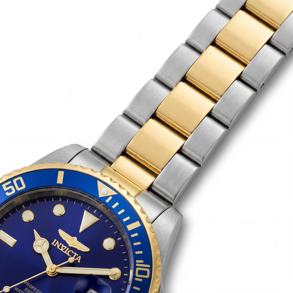 Invicta 33268 Reloj de buceo para hombre con movimiento de cuarzo, caja de 42 mm, acero inoxidable bicolor dorado, esfera azul, resistencia al agua de 200 m