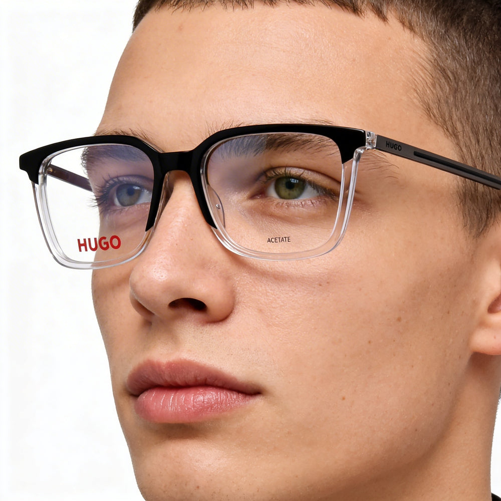 HUGO Gafas de sol unisex modernas de acetato, montura de cristal negro, lente de policarbonato de cristal negro de 53 mm