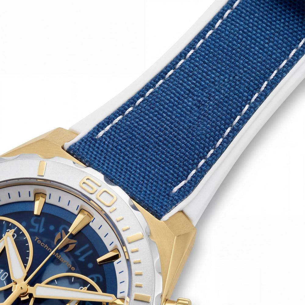Reloj TechnoMarine Modern para hombre, blanco, azul, silicona, nailon, cuarzo suizo, brilla en la oscuridad, acero, tono dorado, 48 mm