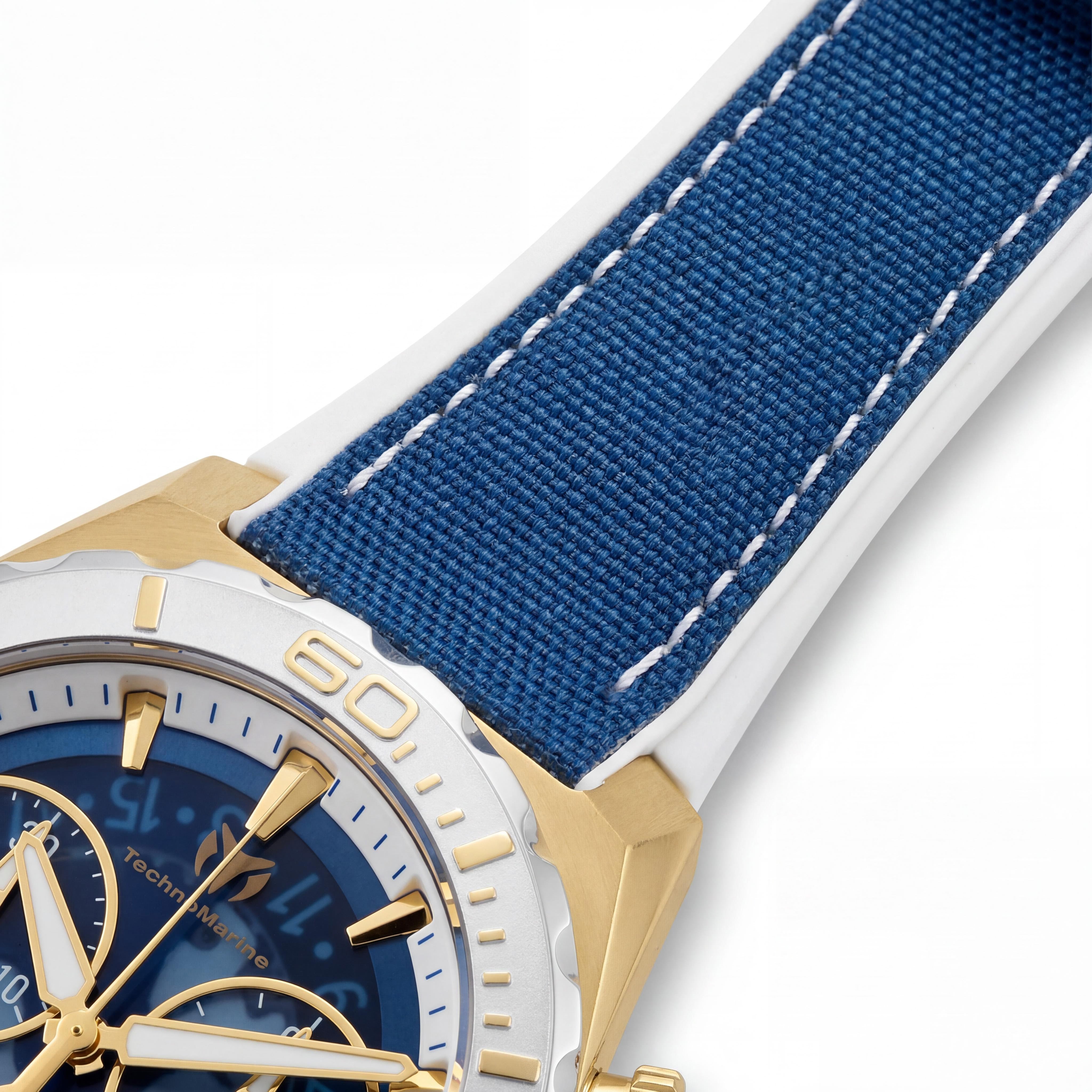 TechnoMarine Modern Men's White Blue Silicone Nylon Swiss Quartz Glow In The Dark Steel Gold Tone 48mm Watch, Photo 3
