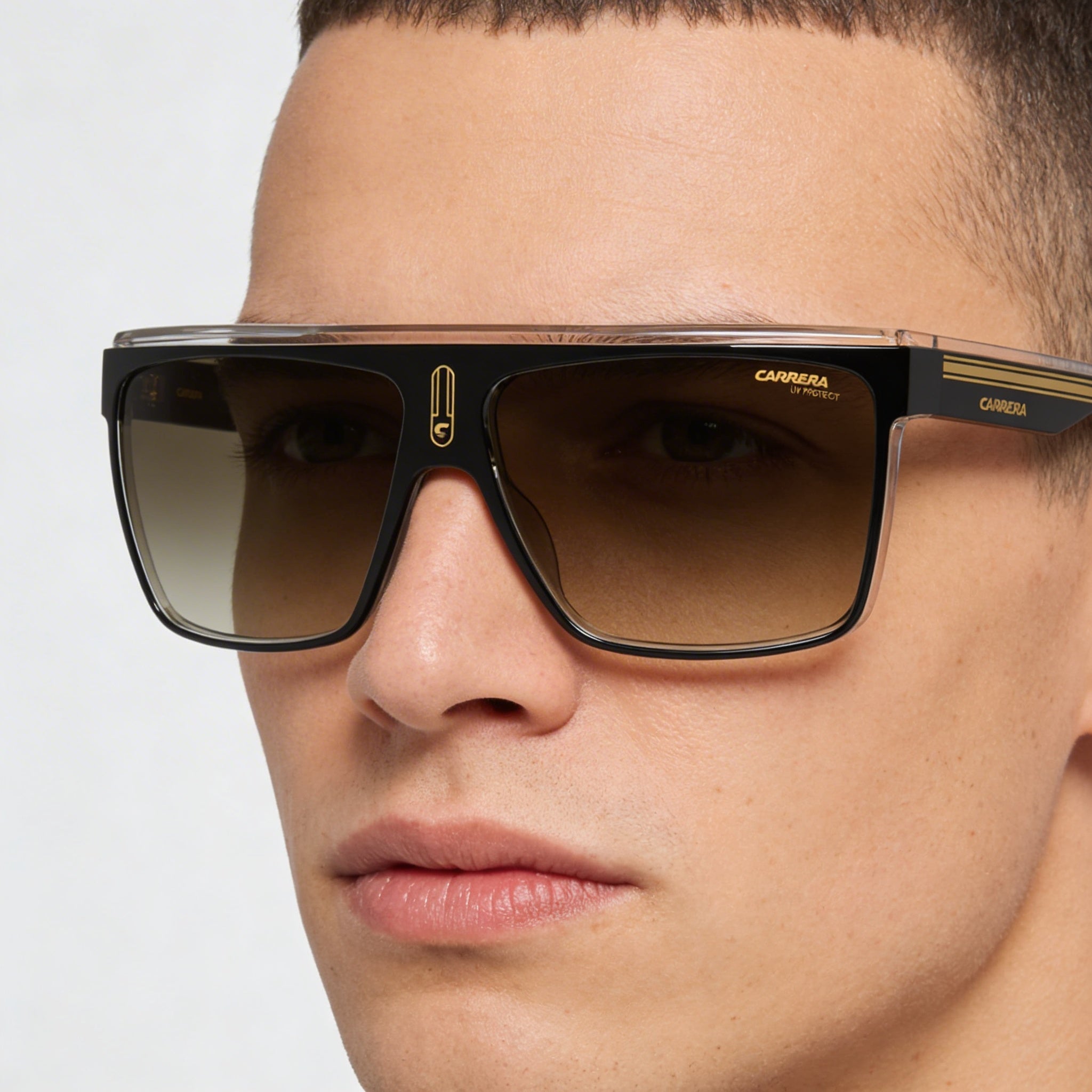 Carrera 22/N Gafas de sol para hombre, montura de poliamida negra y dorada, lentes marrones degradadas, protección UV, 63 mm, Photo 3