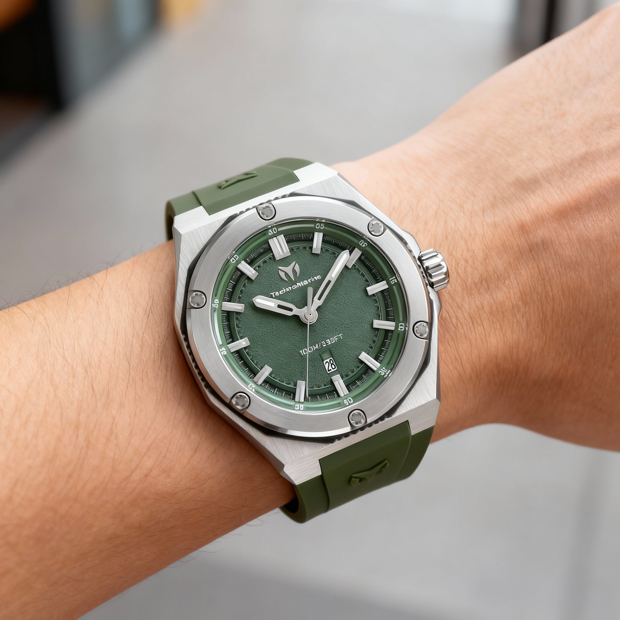 TechnoMarine CORAL - Legacy TM-416067 Men's Quartz Watch, 45mm Stainless Steel Case, Green Dial, Silicone Strap