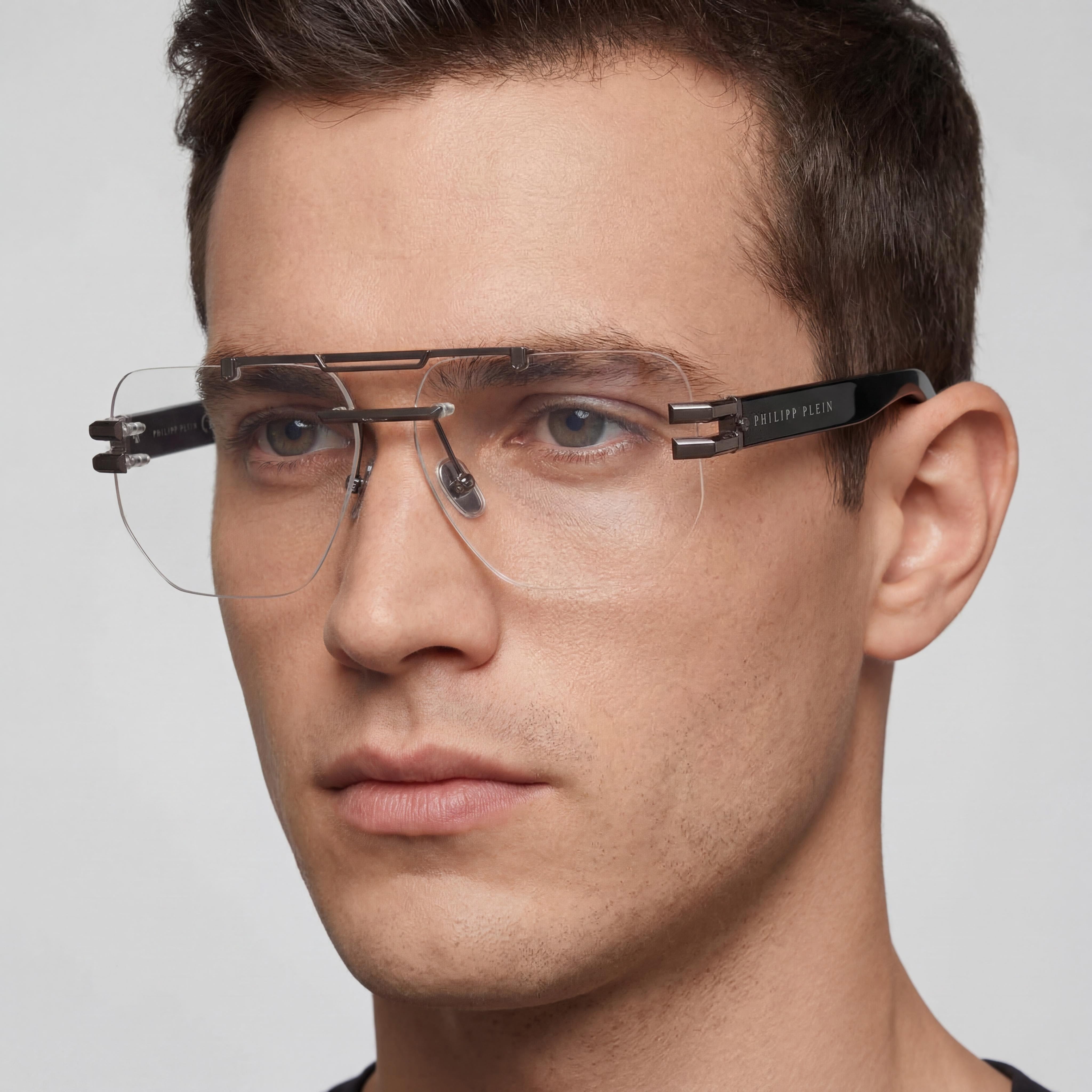 Philipp Plein classical Men's Acetate Eyewear with Shiny Gun Frame, Multicolor Polycarbonate Lenses, 61mm, Photo 4