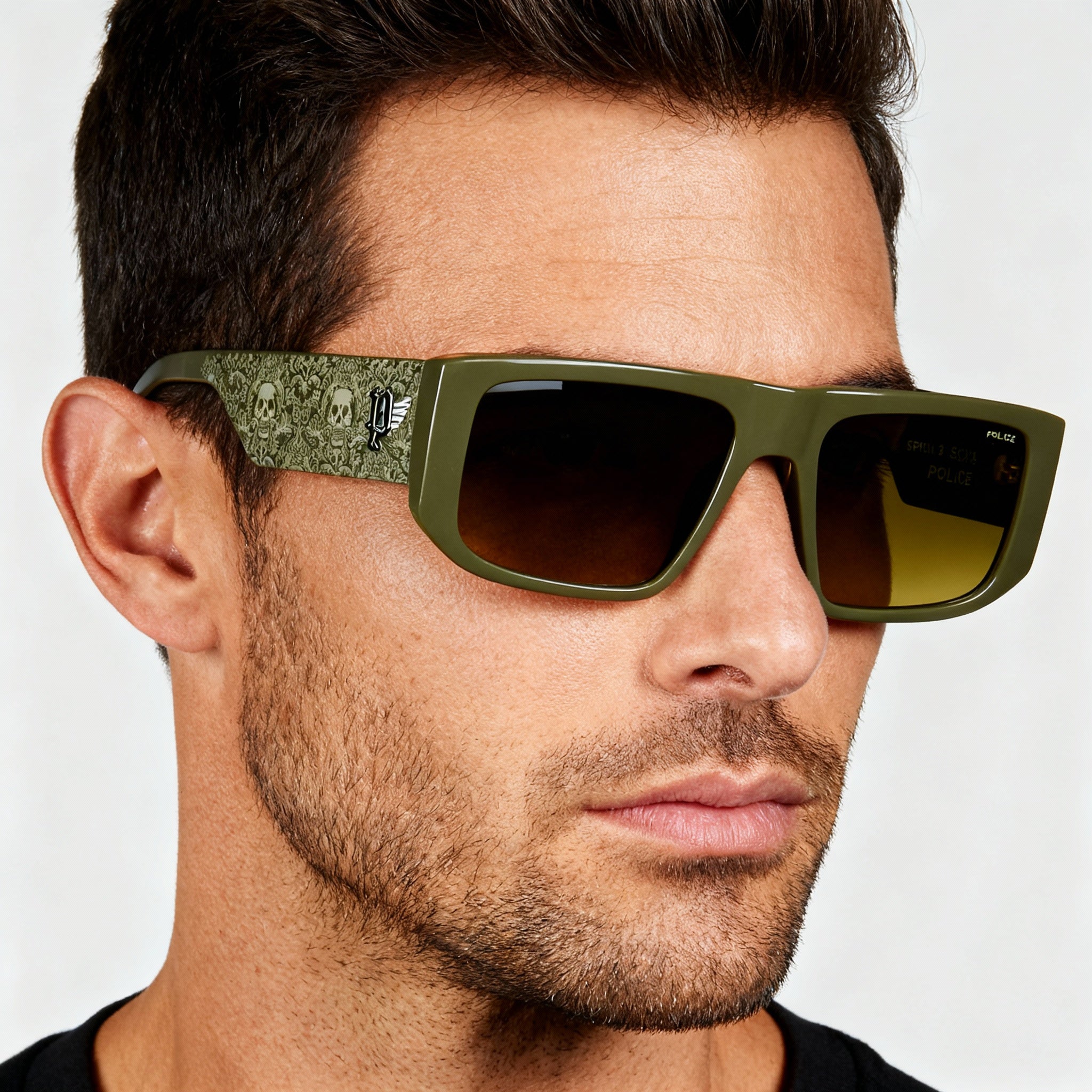 Police SPLL13 Men's Casual Square Polycarbonate Sunglasses, UV Protection, Olive Green Frame, Green Gradient Lens 55mm, Photo 5
