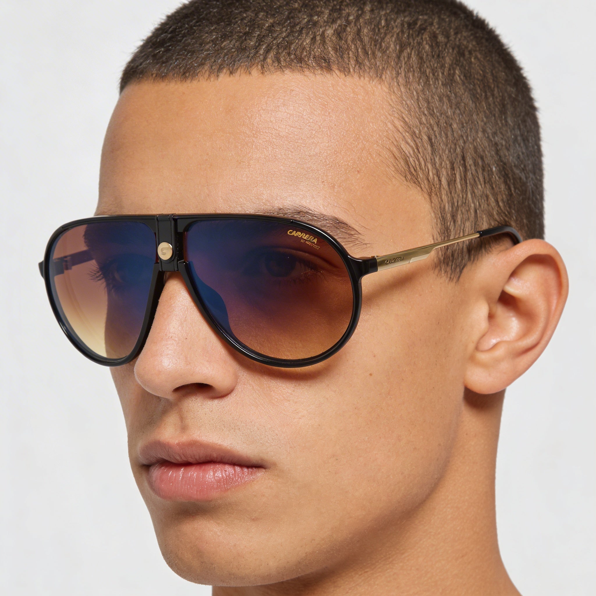 Carrera CARRERA 1034/S Unisex Shiny Black Gold Plastic Brown Shaded Blue Mirrored UV Sunglasses 63mm, Photo 4