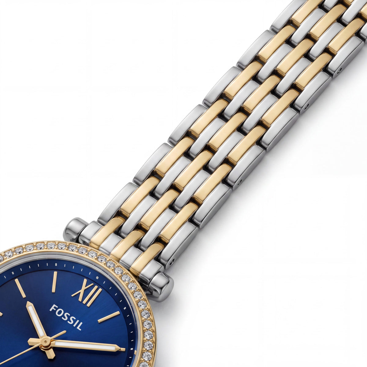 Fossil Carlie Women's Two Tone Stainless Steel Blue Dial Scratch-Resistant Roman Numeral Quartz 28mm Watch, Photo 3