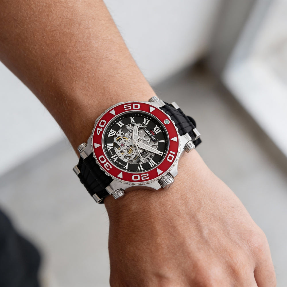 Reloj automático Seapro Modern para hombre con caja de acero inoxidable negro, correa de caucho, resistente al agua y mineral resistente a los arañazos.