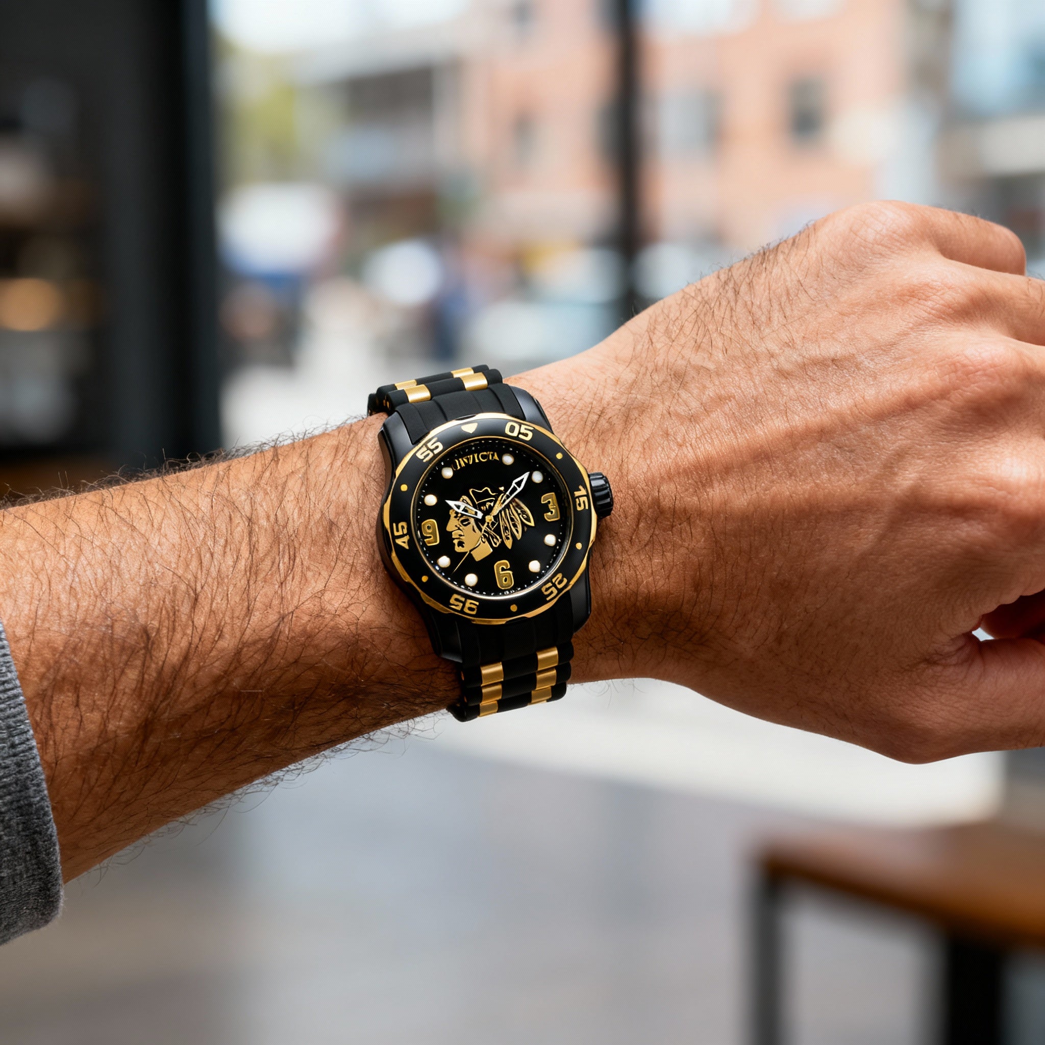 Invicta NHL Chicago Blackhawks 42315 Men's 48mm Black Ion-Plated Steel Quartz Watch, Gold & Silicone Strap, Photo 4