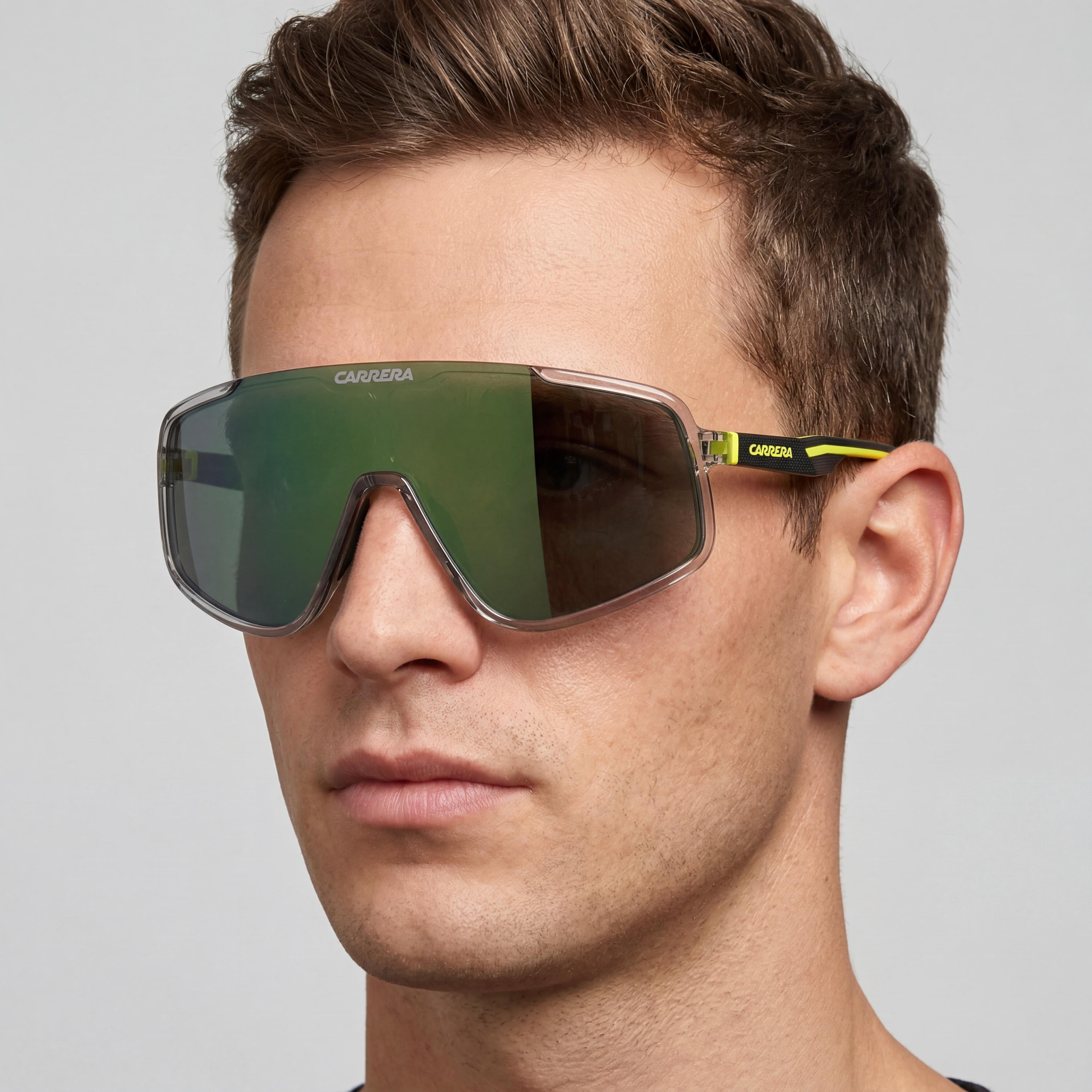 Carrera Modern 4017/S Men's Sunglasses with Plastic Grey Yellow Frame and Green Mirror Nylon Lenses 99mm Lens Width, Photo 4