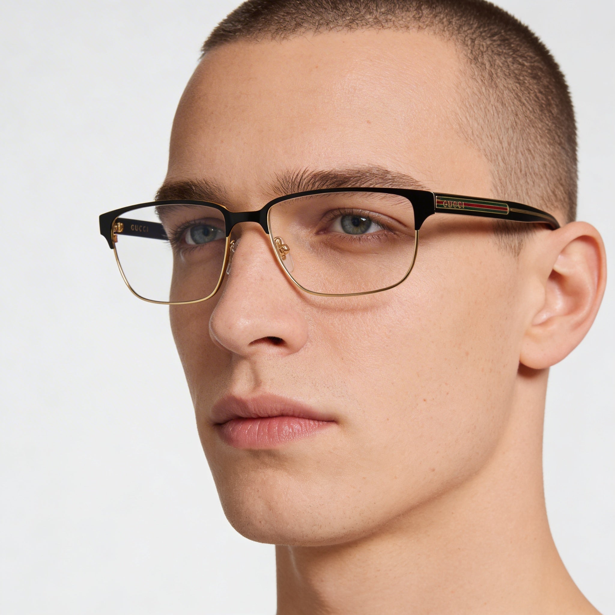 Gucci GG0383O-004 Men's Rectangle Full Rim Plastic and Metal Eyeglasses Black, Gold, Green, Red 58mm, Photo 5