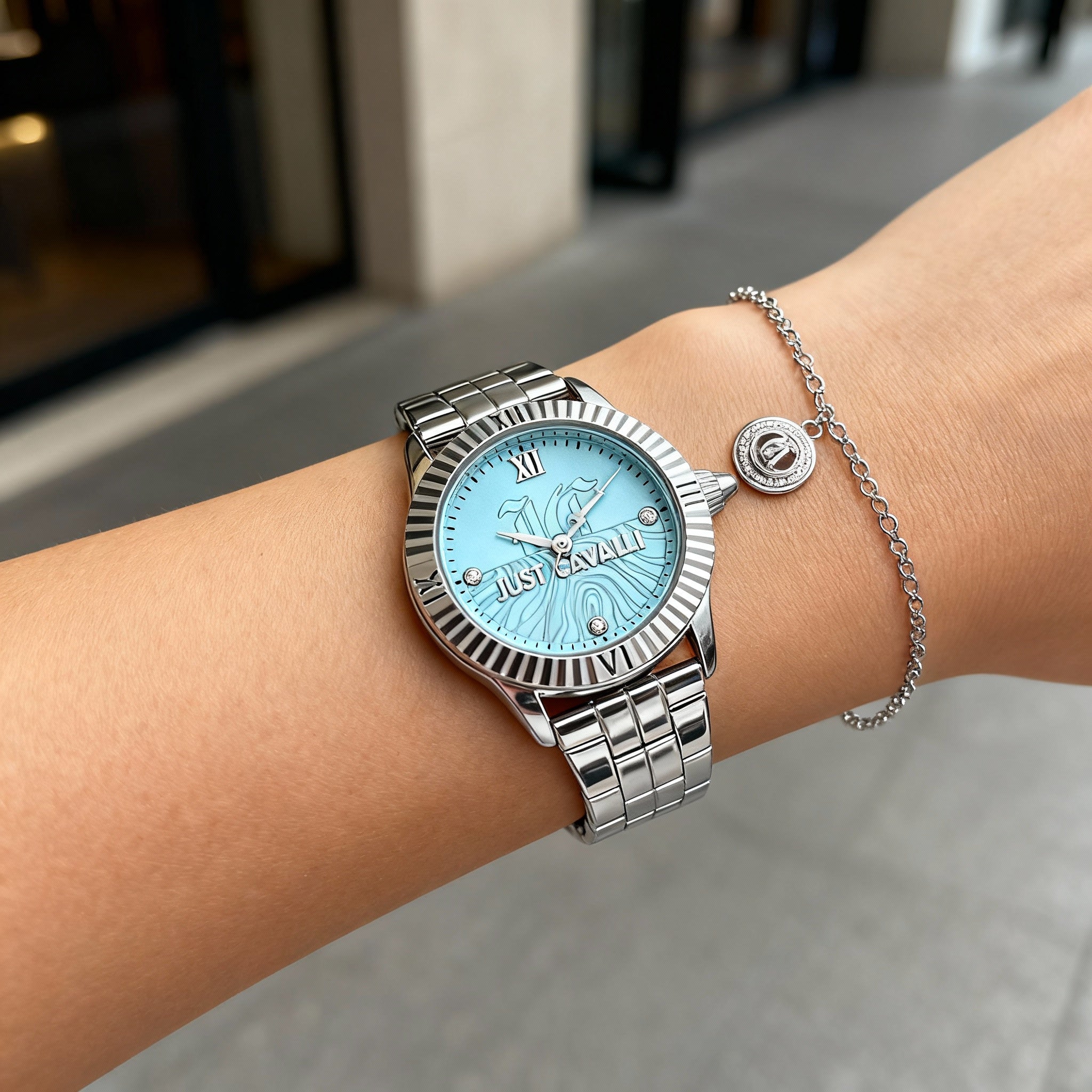 Just Cavalli Fashion Women's Watch, Stainless Steel Silver Case & Strap, Turquoise Dial, Quartz Movement, 26mm, Photo 4