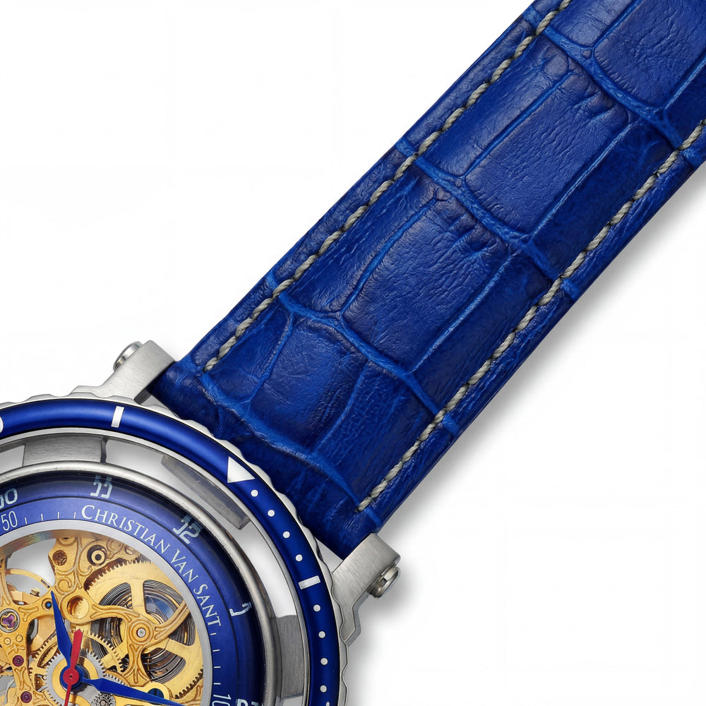 Christian Van Sant CV0740 Casual Men's Gold Skeleton Leather Strap Water Resistant Watch with Timer & Slide-Rule, 45mm