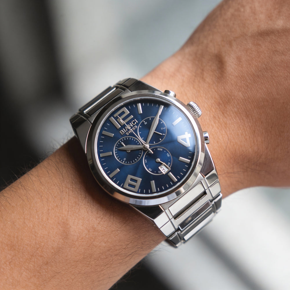Roberto Bianci Men's Analog Watch Blue Dial Swiss Quartz Stainless Steel Scratch-Resistant Sapphire Water Resistant