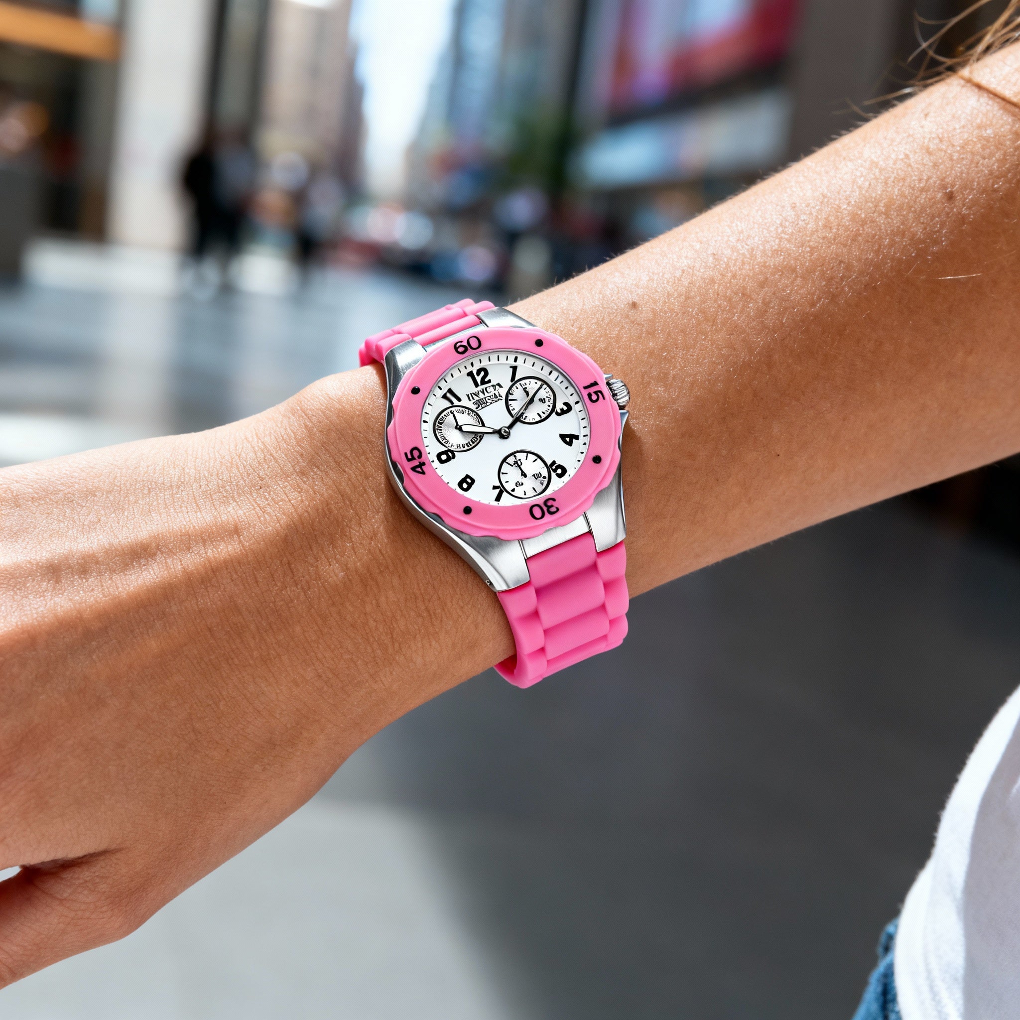 Invicta Angel Chronograph Women's Pink White Luminous Stainless Steel Silicone Strap 38mm Watch, Photo 4