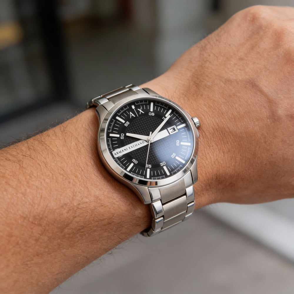 A|X Armani Exchange bracelet Men's Silver Black Stainless Steel Analog Watch with Bezel Markings, 46mm