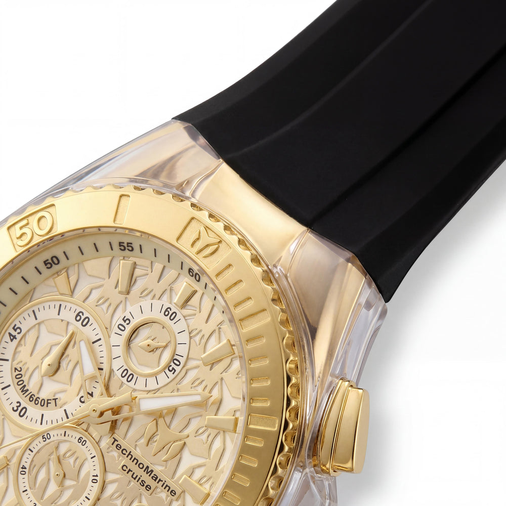 Reloj Technomarine Cruise TM-125002 Cronógrafo de cuarzo para hombre, de acero inoxidable, esfera dorada, correa de silicona, 45 mm