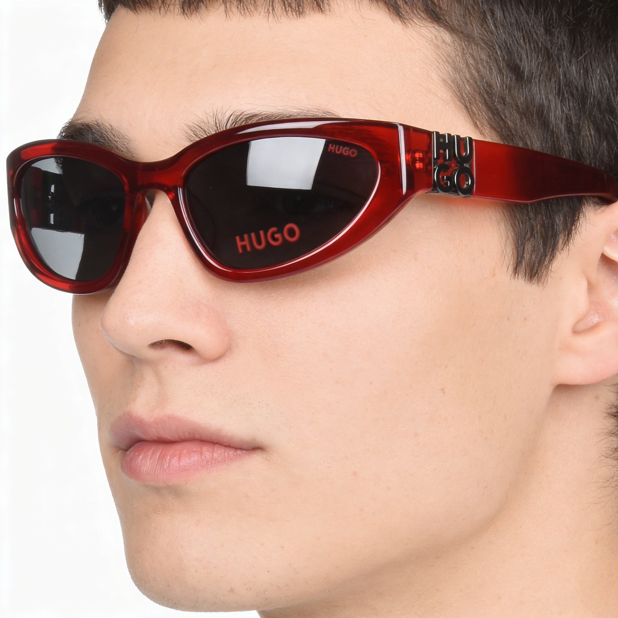 Hugo Boss Modern Unisex Red Plastic Frame Sunglasses with Grey Lenses, UV Protection, 7-1-4mm, Photo 4