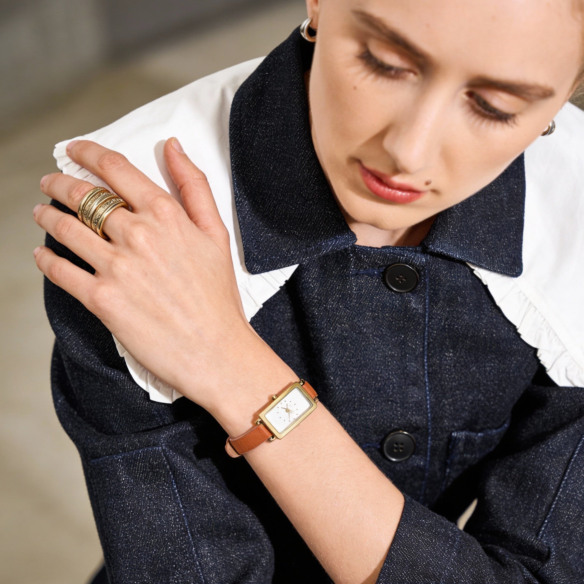 SKAGEN DENMARK Hagen Lille Women's Gold Stainless Steel Rectangle Case Brown Leather 22mm Quartz Watch, Photo 3