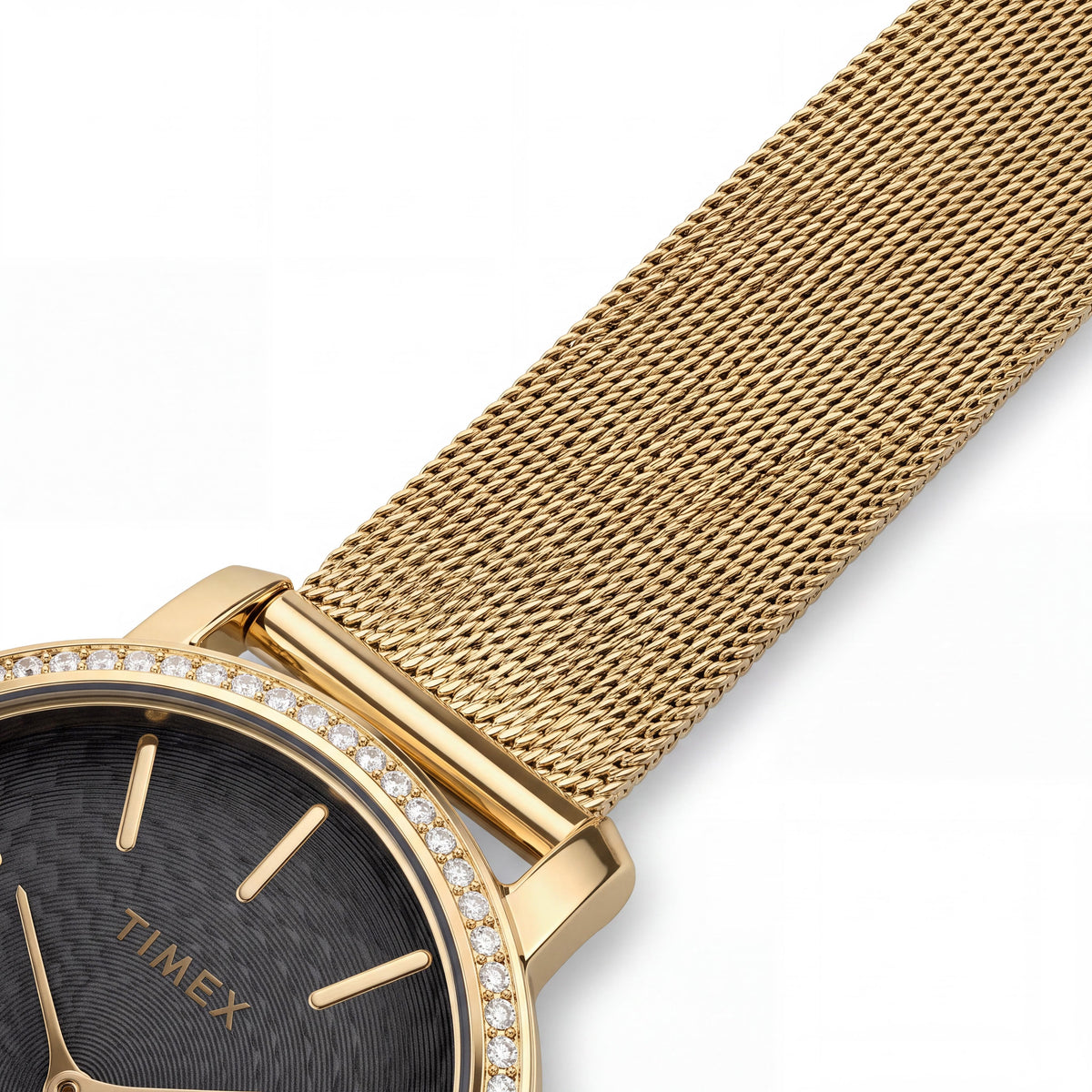 Reloj Timex Transcend de 34 mm para mujer con cristales, esfera negra, correa de malla de acero inoxidable en tono dorado, Photo 3