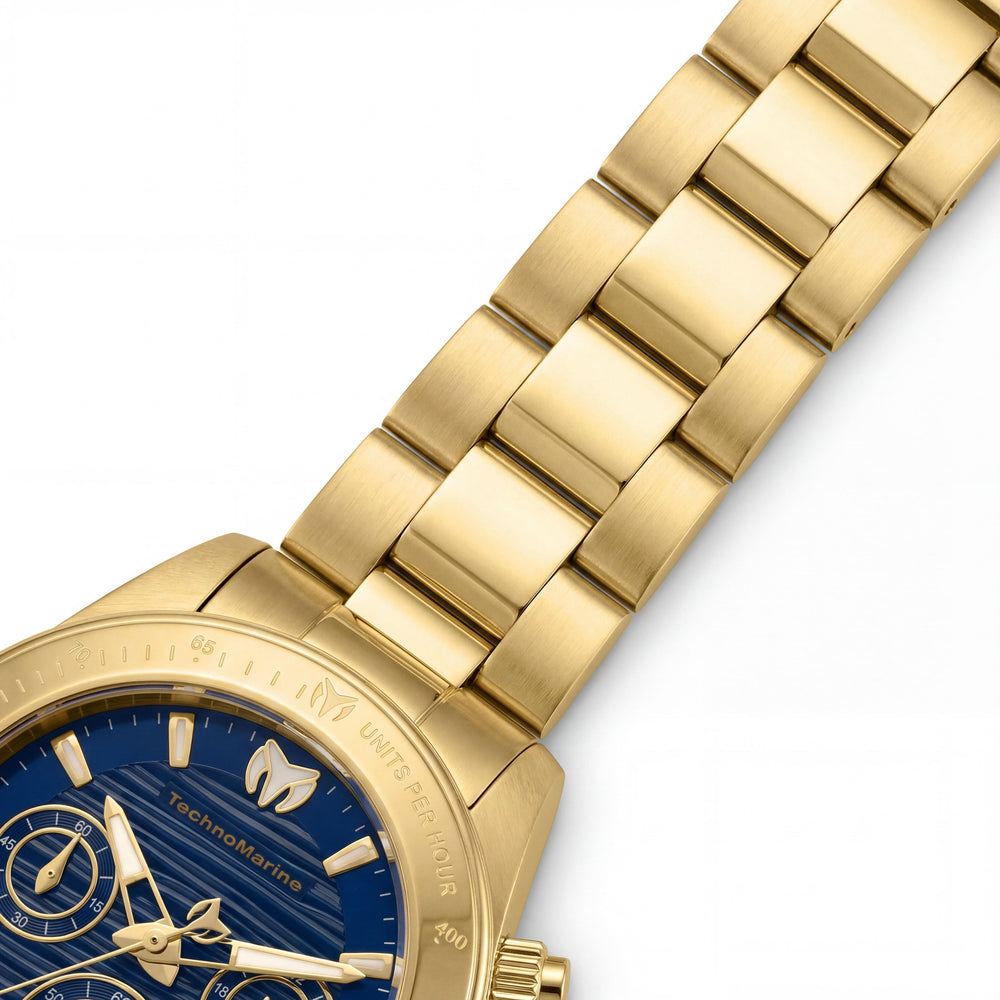 Reloj Technomarine Manta TM-219015 para mujer, cronógrafo de pulsera, resistente al agua, acero inoxidable dorado, esfera azul, 38 mm