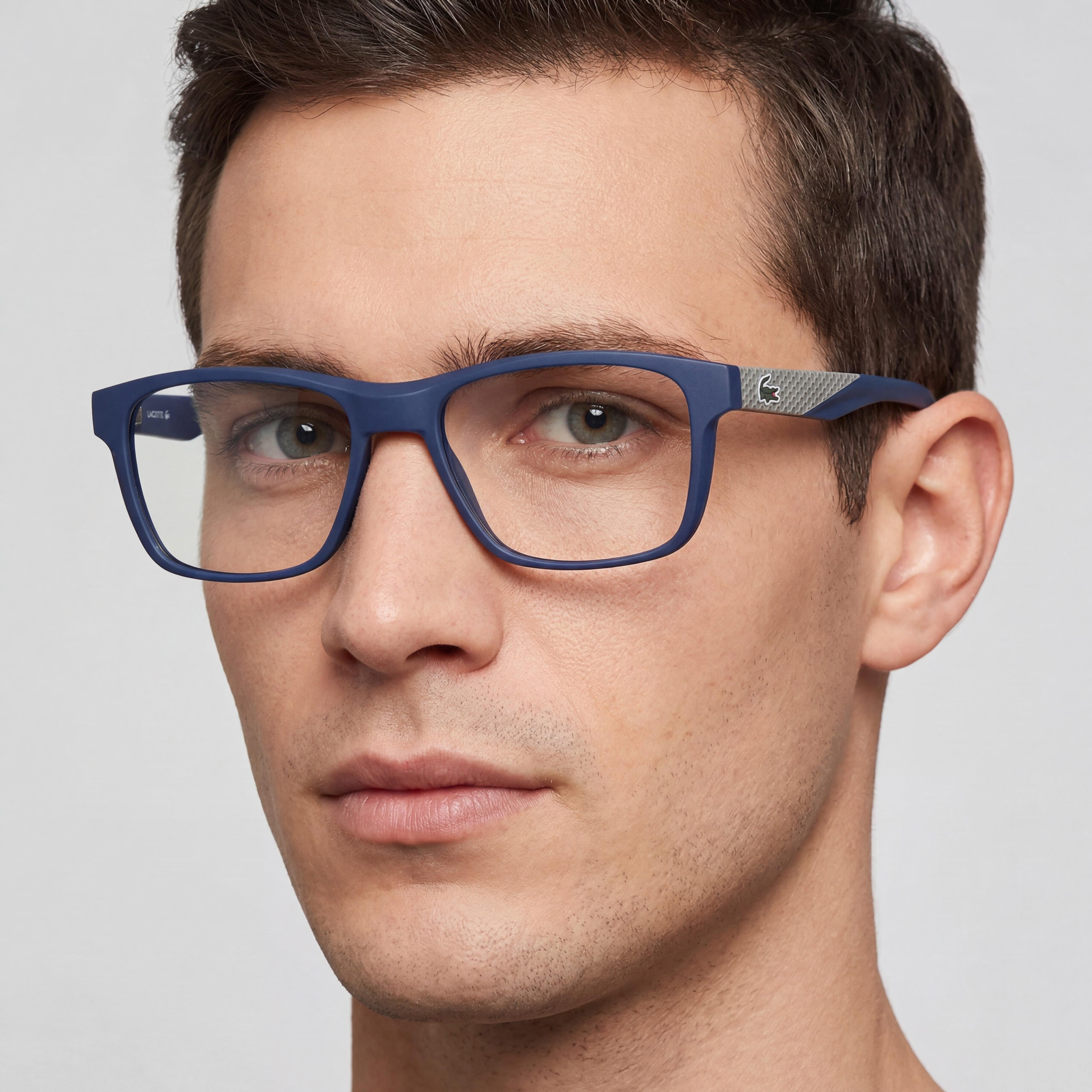 Gafas oftálmicas casuales Lacoste para hombre, montura azul mate con lentes de plástico, ancho de lente 54mm, ancho de puente 17mm, longitud de patilla 150mm, Photo 4