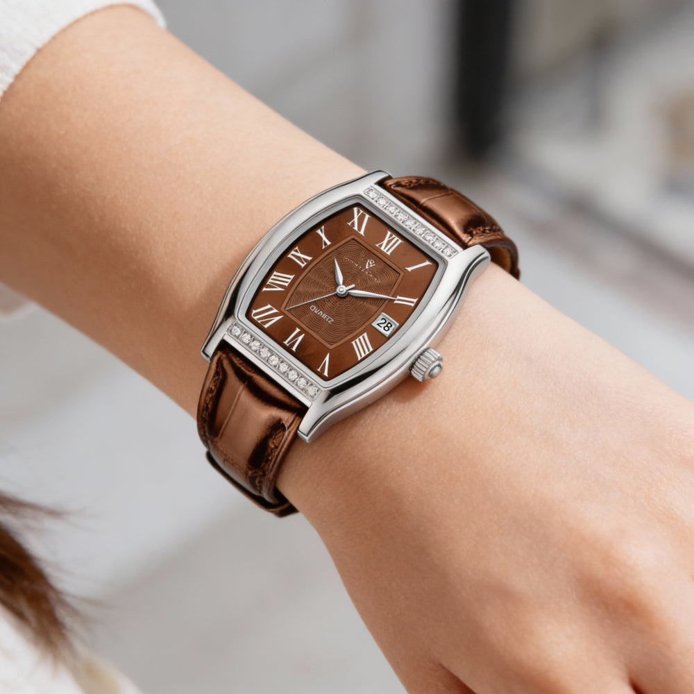 Christian Van Sant Modern Women's Brown Dial Quartz Stainless Steel Leather Strap Water Resistant Watch