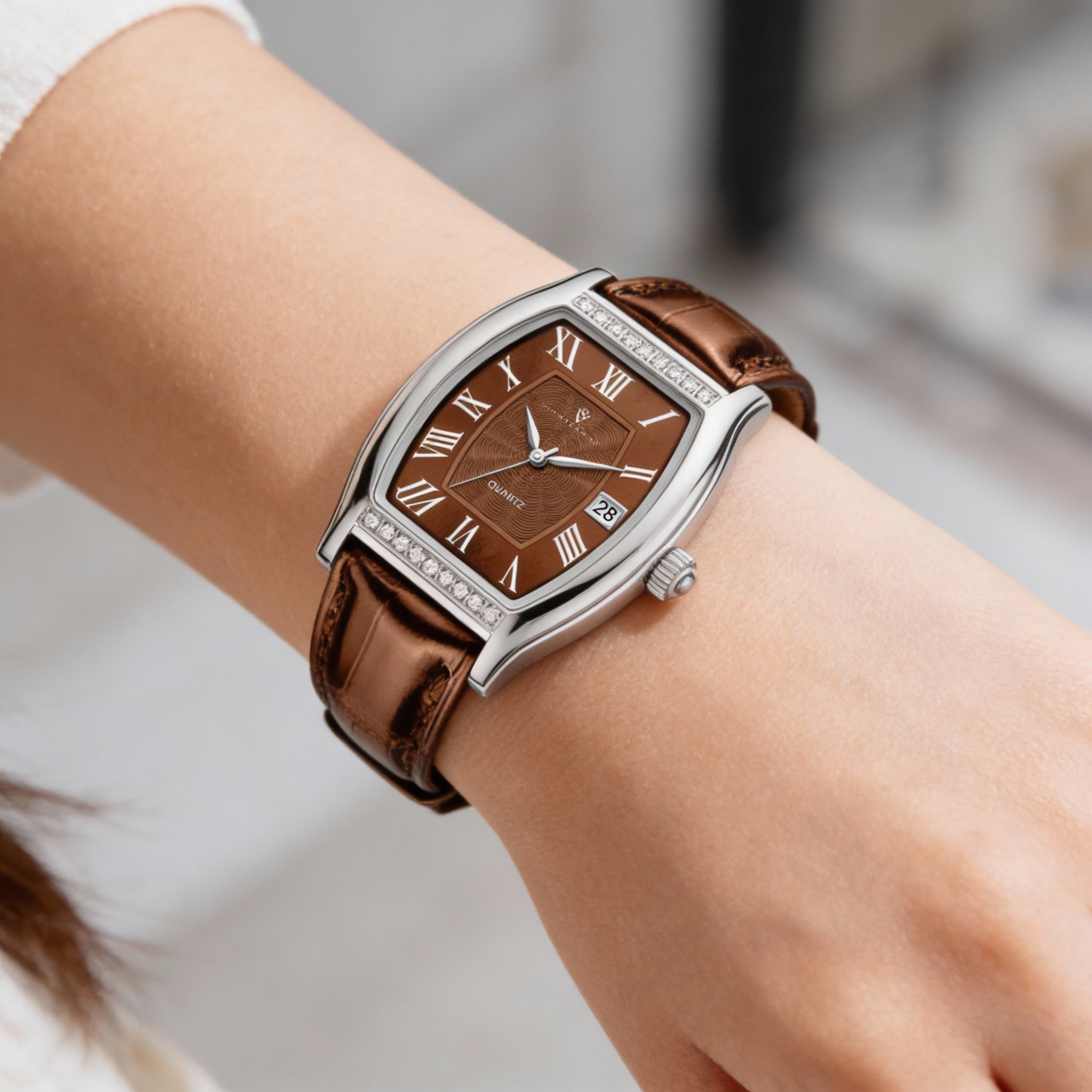 Christian Van Sant Modern Women's Brown Dial Quartz Stainless Steel Leather Strap Water Resistant Watch, Photo 2