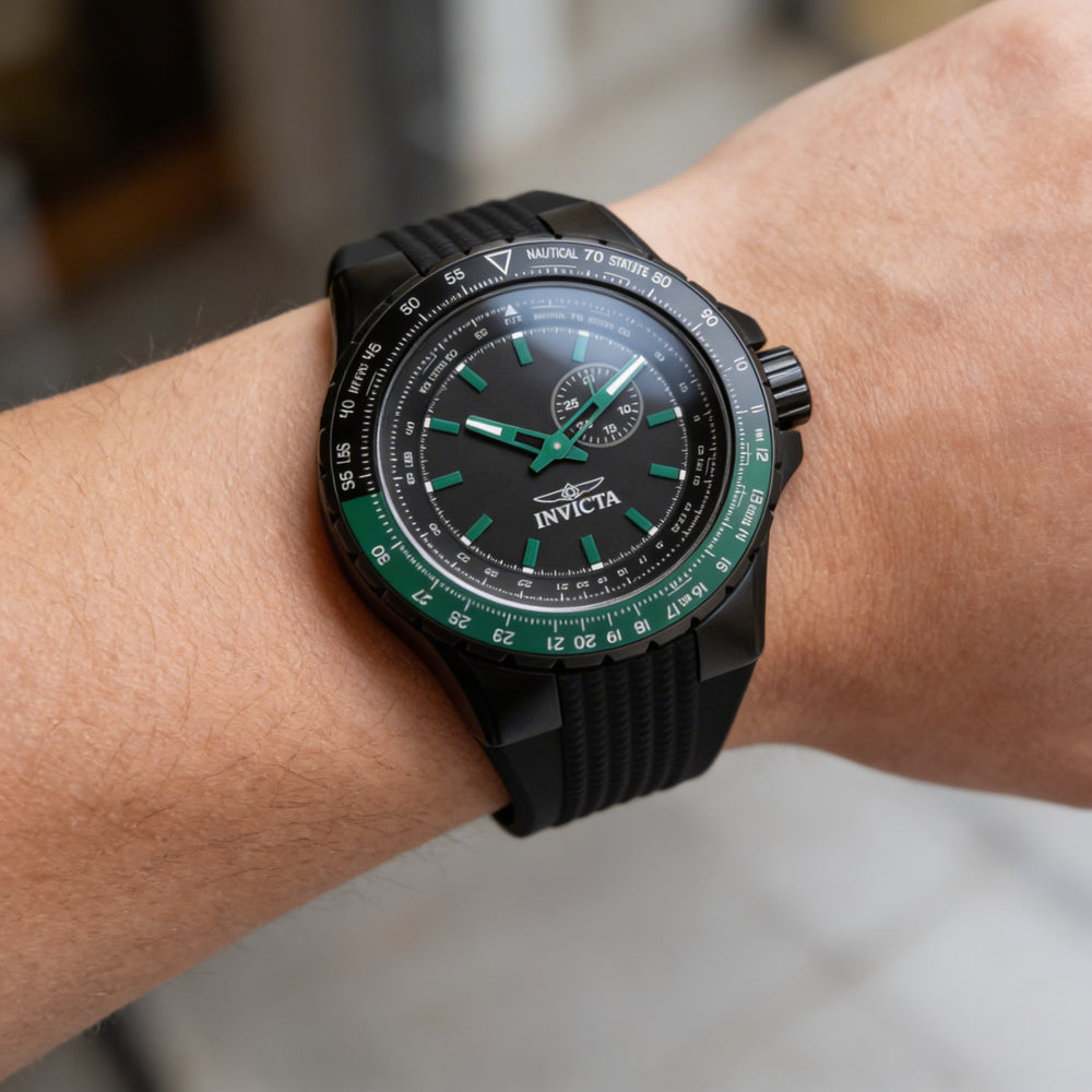 Invicta Aviator 49731 Men's 50mm Black Stainless Steel Quartz Watch, Silicone Strap, 10 ATM Water Resistant