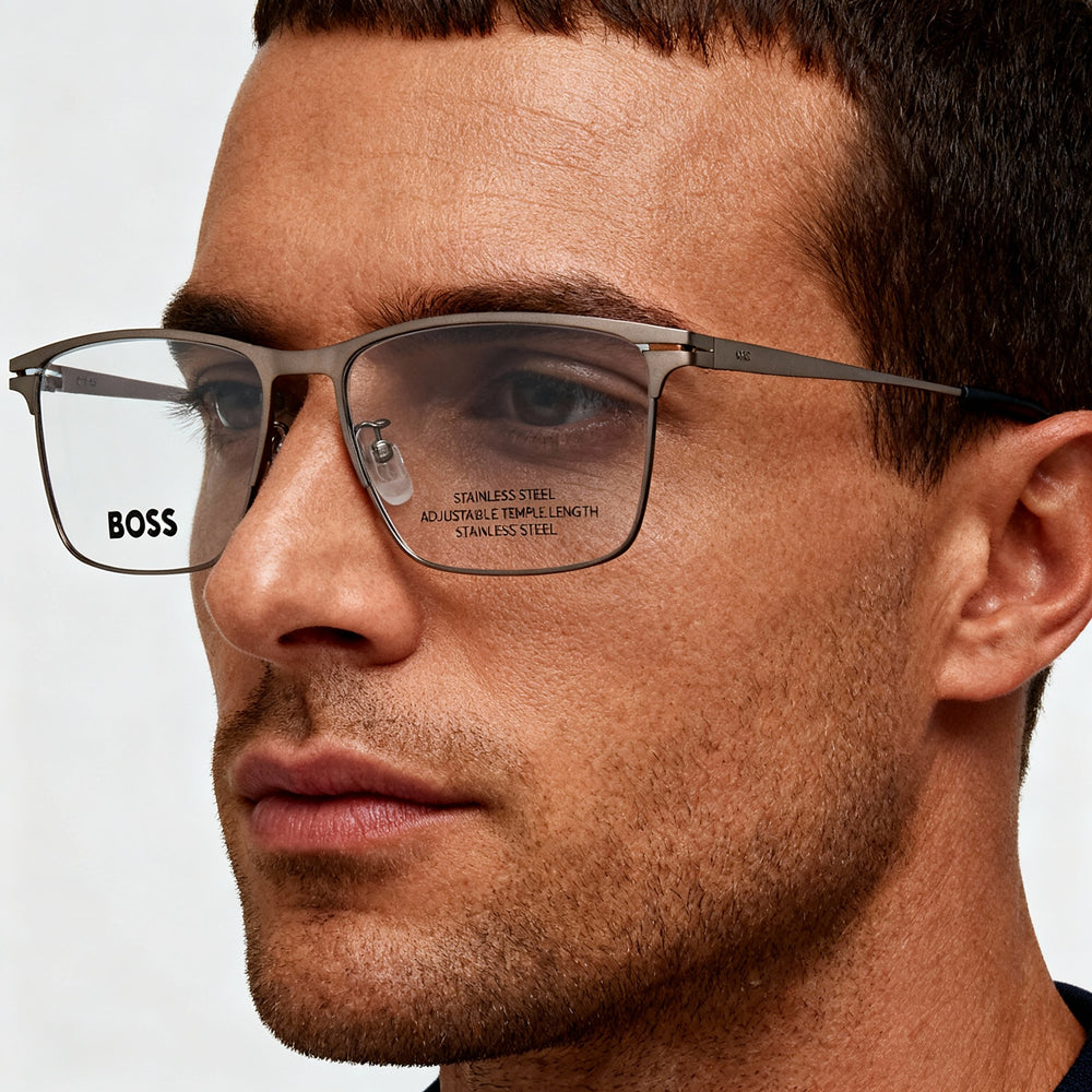 Hugo Boss 1467/f - Montura de gafas graduadas rectangulares de metal para hombre, color rutenio oscuro mate, 57 mm