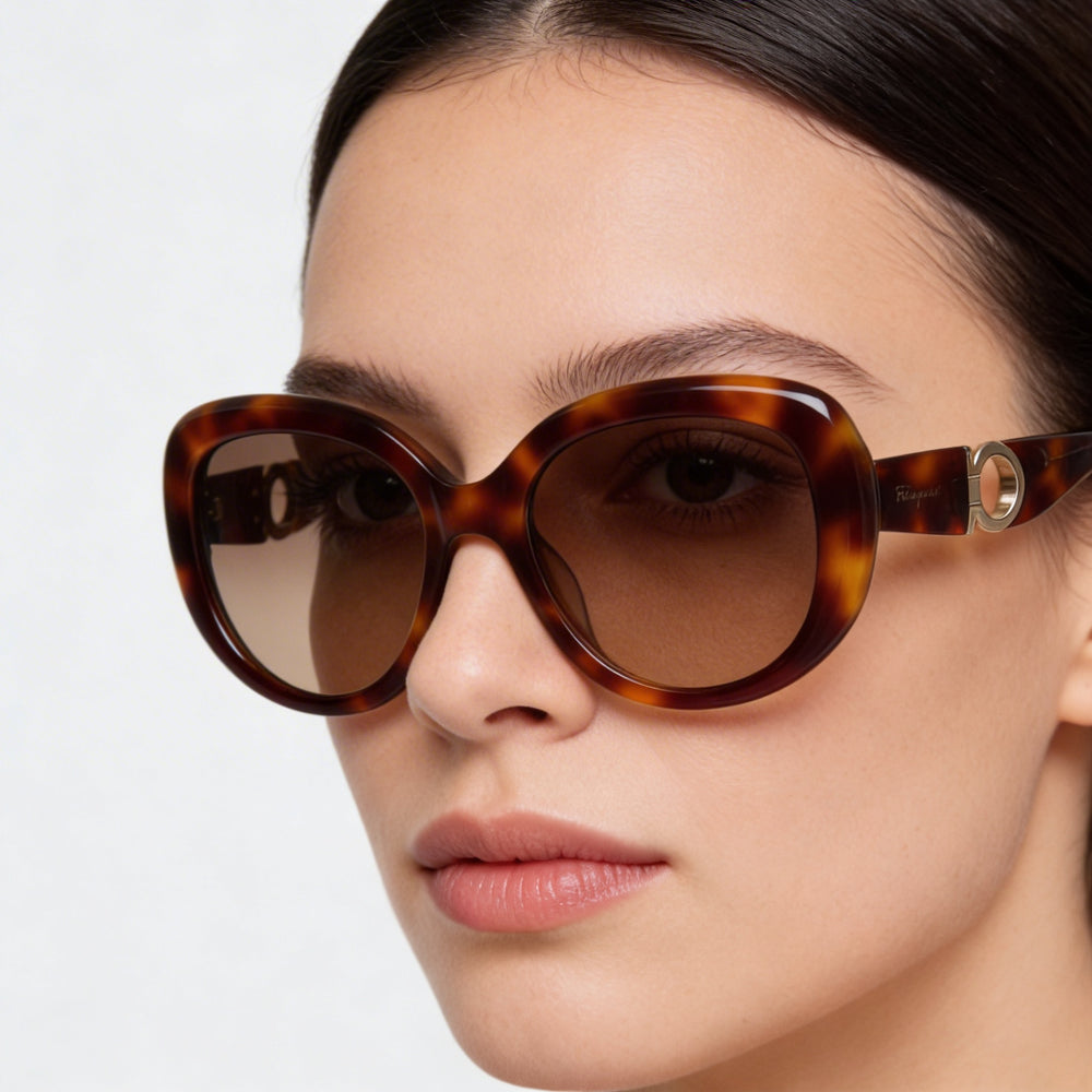 Woman wearing Ferragamo SF727s butterfly sunglasses close-up