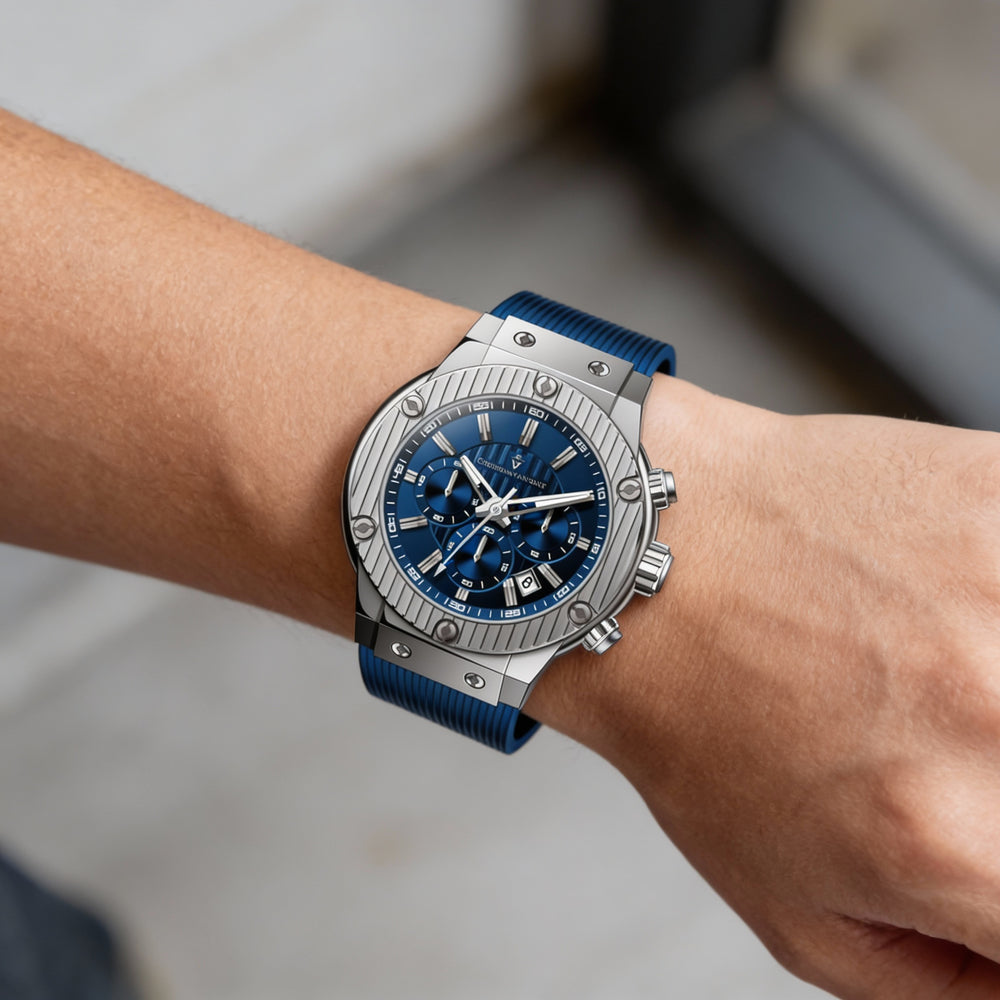 Christian Van Sant Men's Modern Blue Stainless Steel & Rubber Quartz Water Resistant Watch 7.5 Inch Band